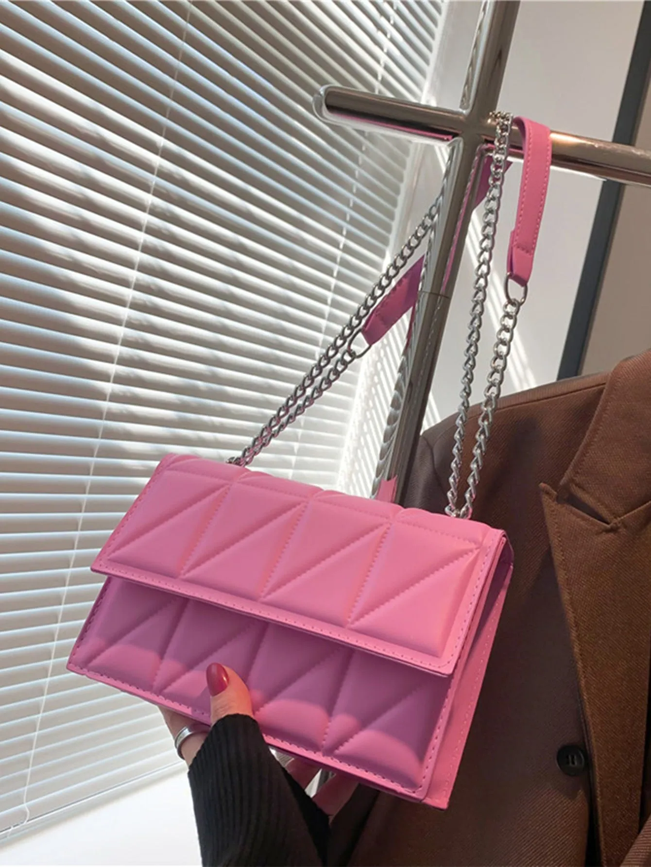 Minimalist Quilted Pattern Flap Square Bag - Pink