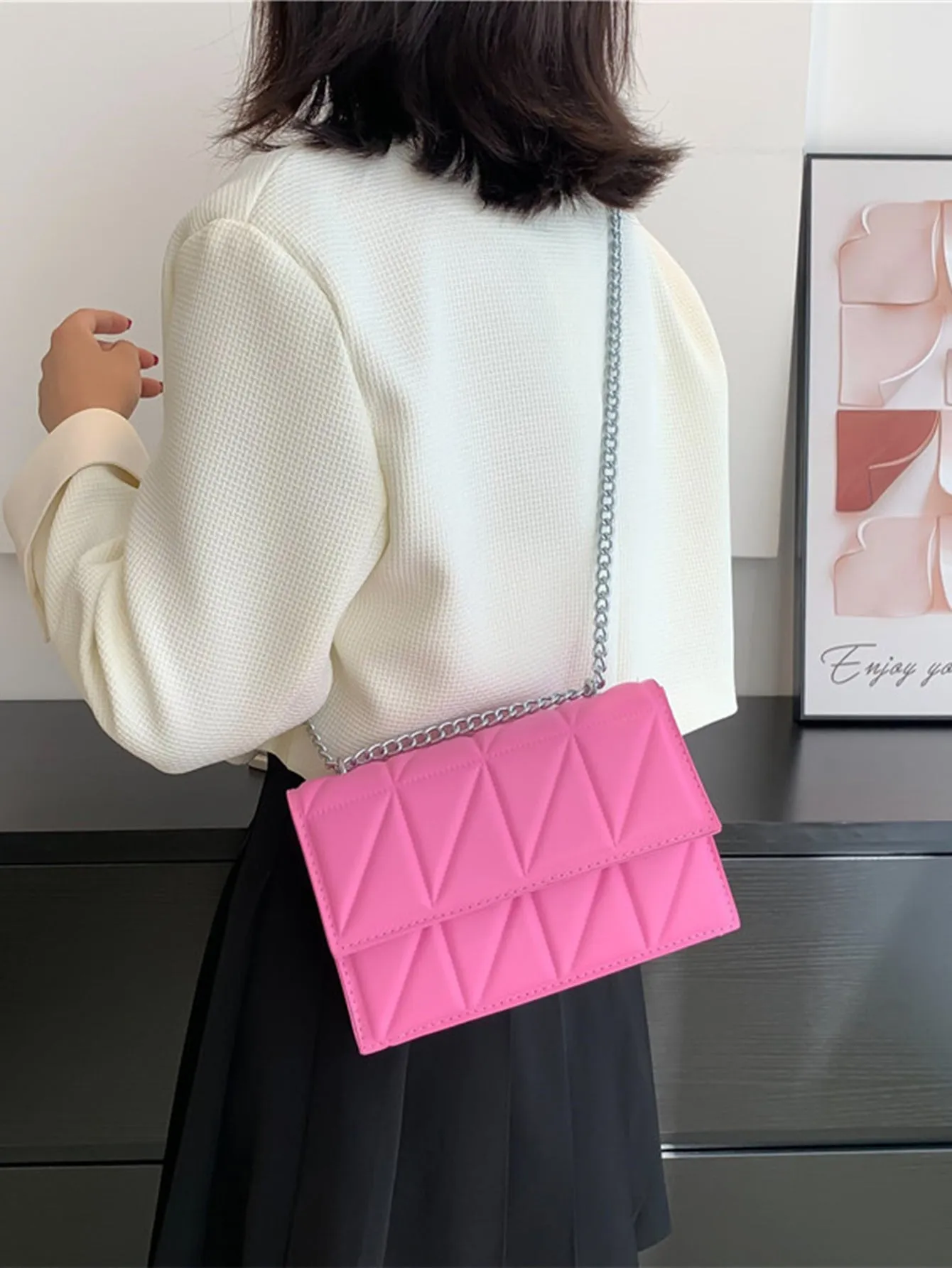Minimalist Quilted Pattern Flap Square Bag - Pink