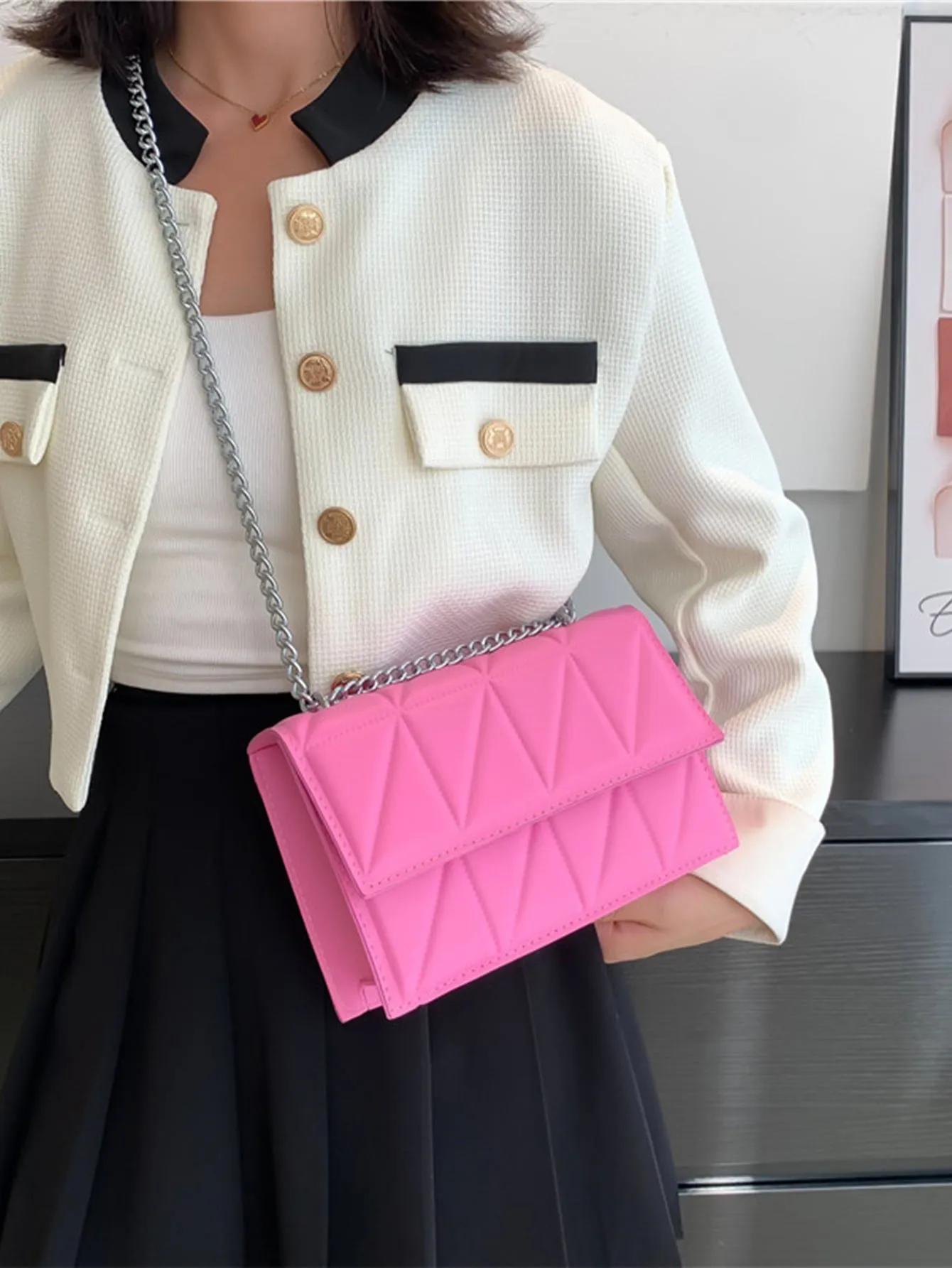 Minimalist Quilted Pattern Flap Square Bag - Pink