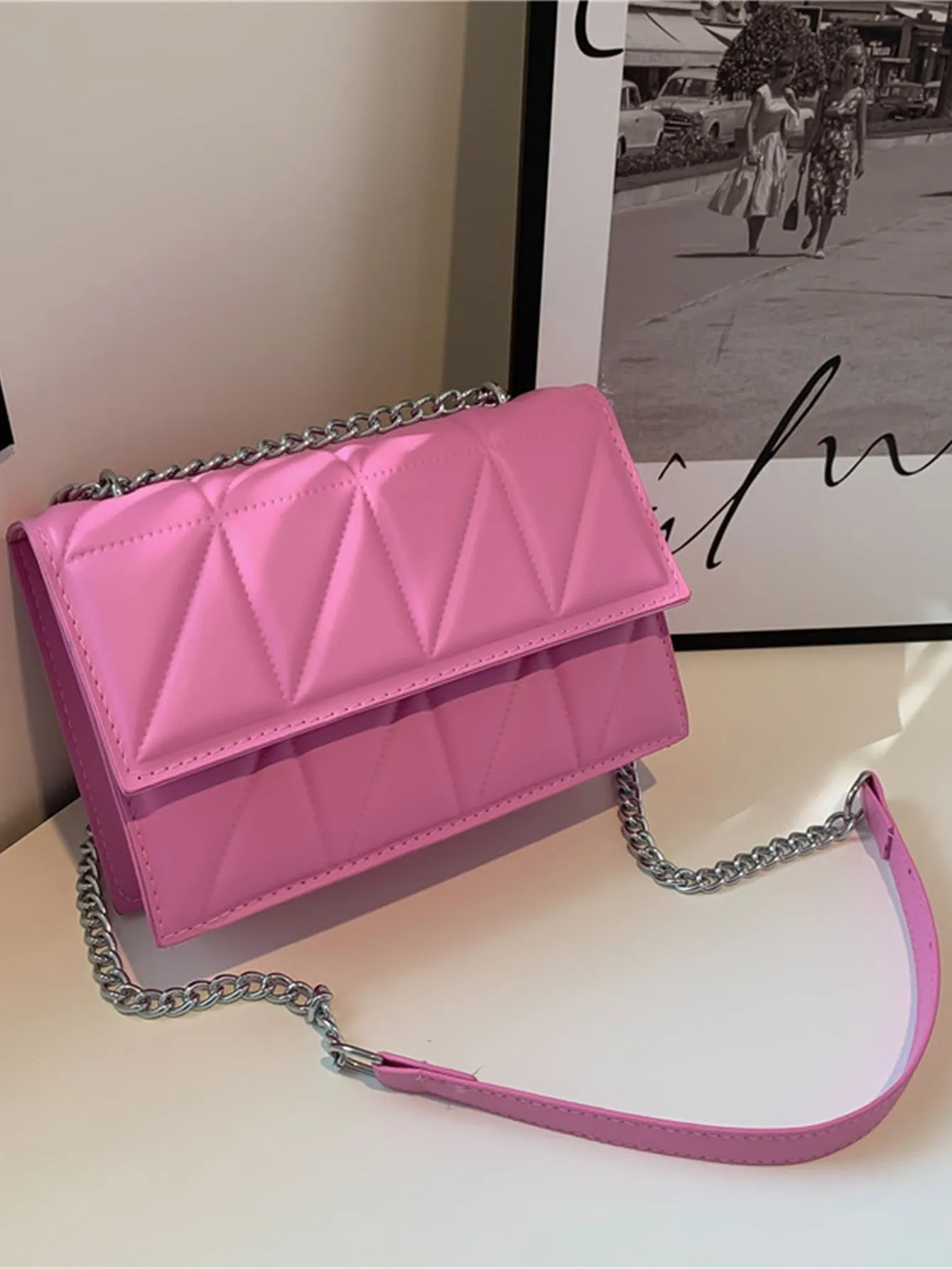 Minimalist Quilted Pattern Flap Square Bag - Pink