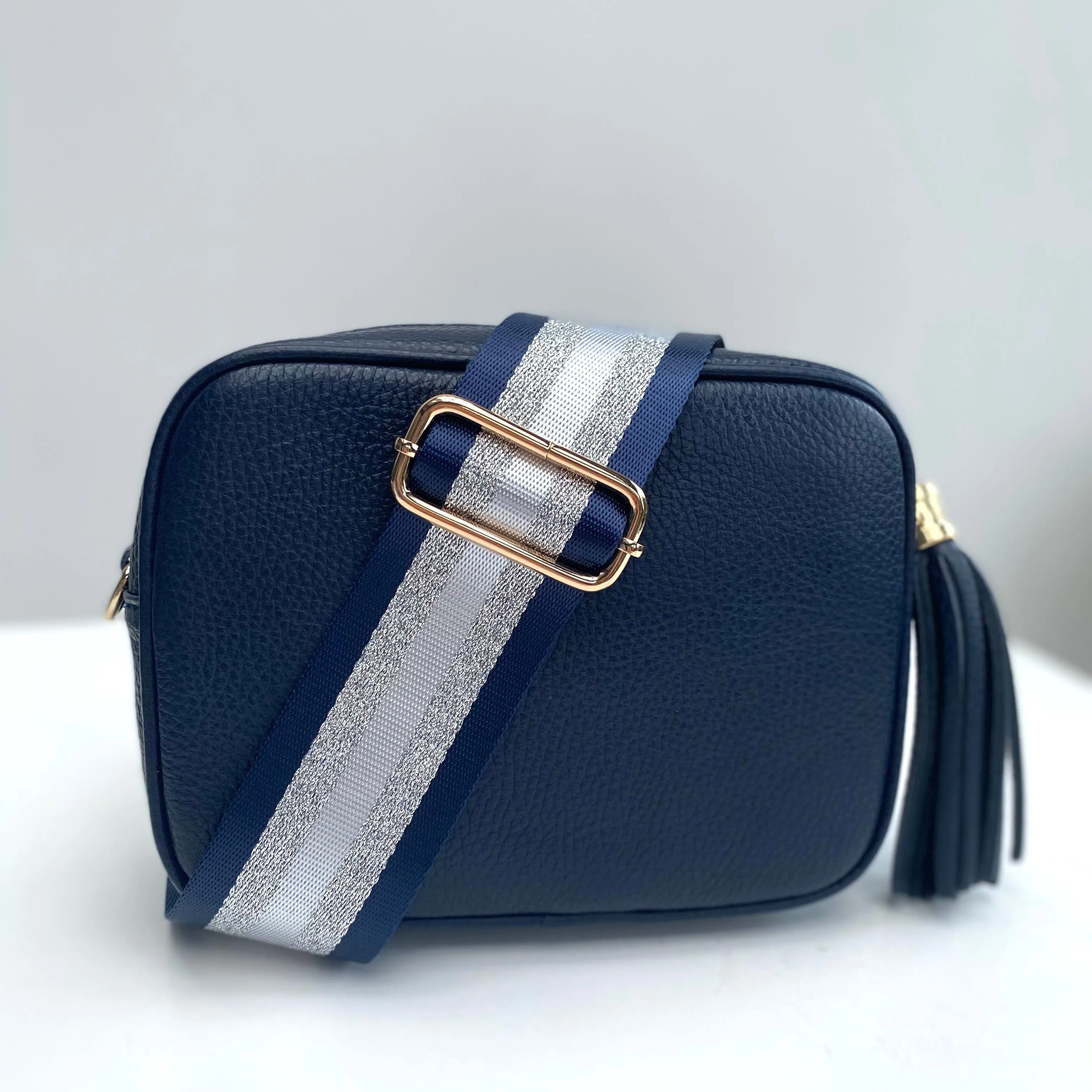 Navy Blue and Silver Stripe Bag Strap