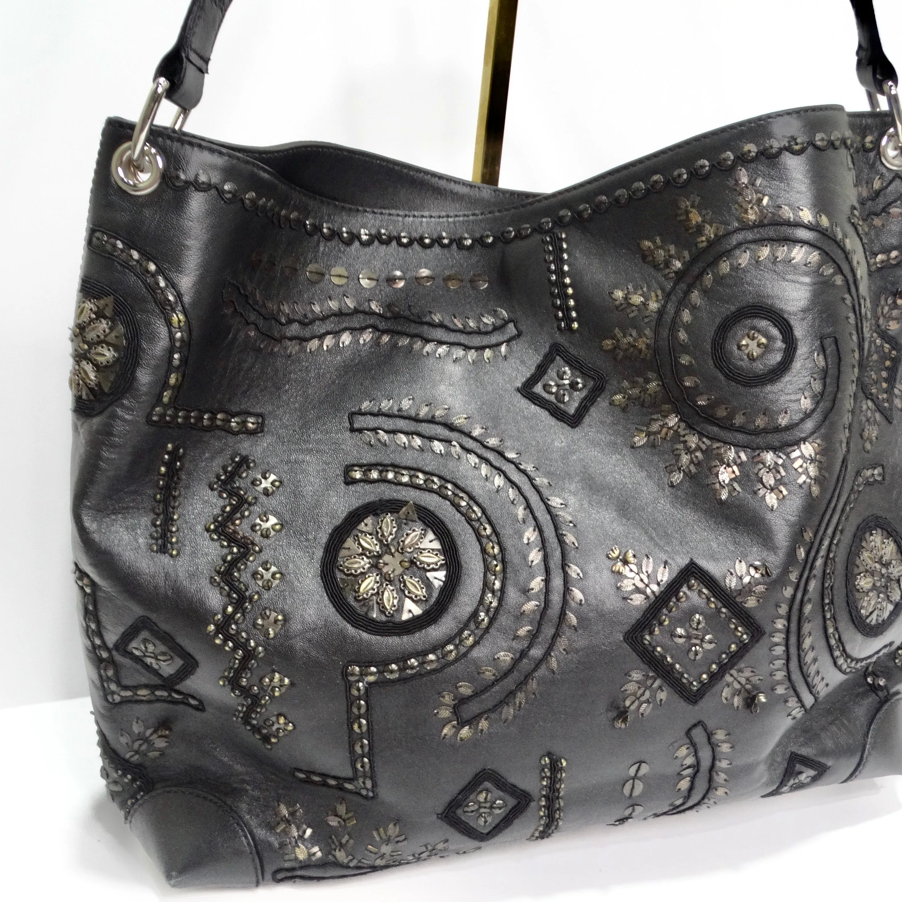 Oscar De La Renta Black Leather Embellished Tote Bag