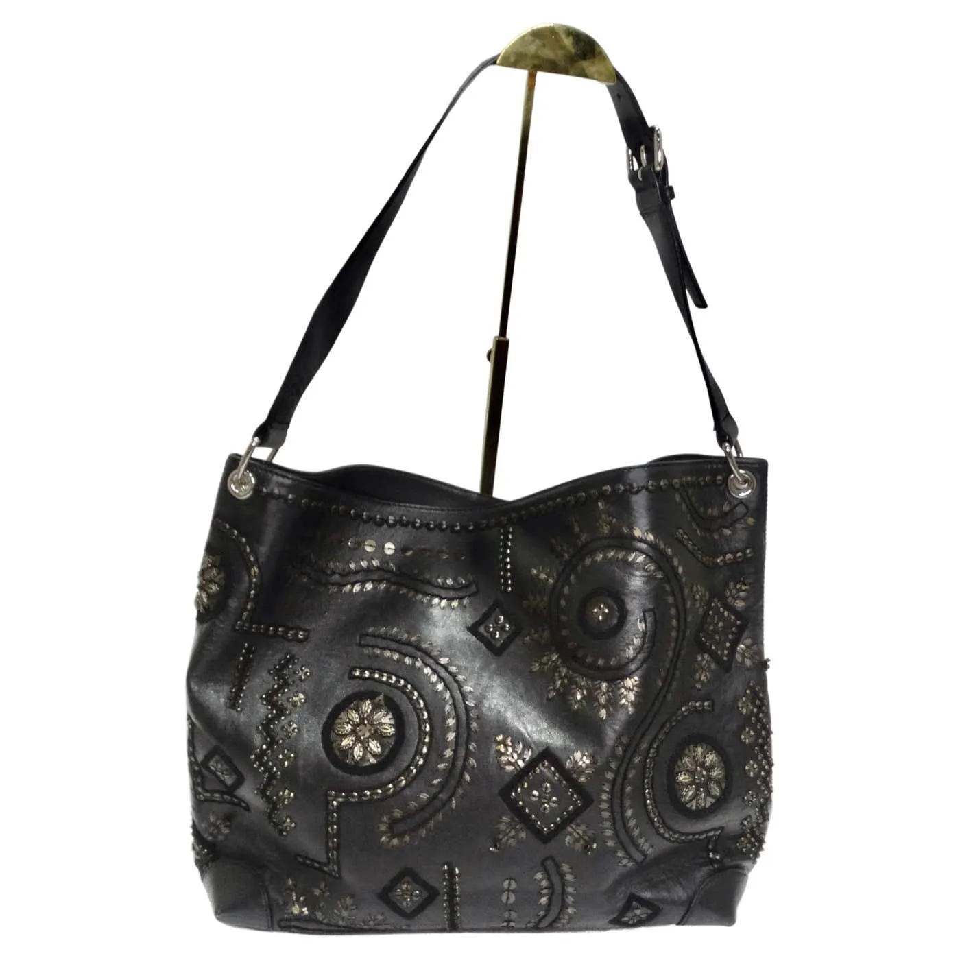 Oscar De La Renta Black Leather Embellished Tote Bag