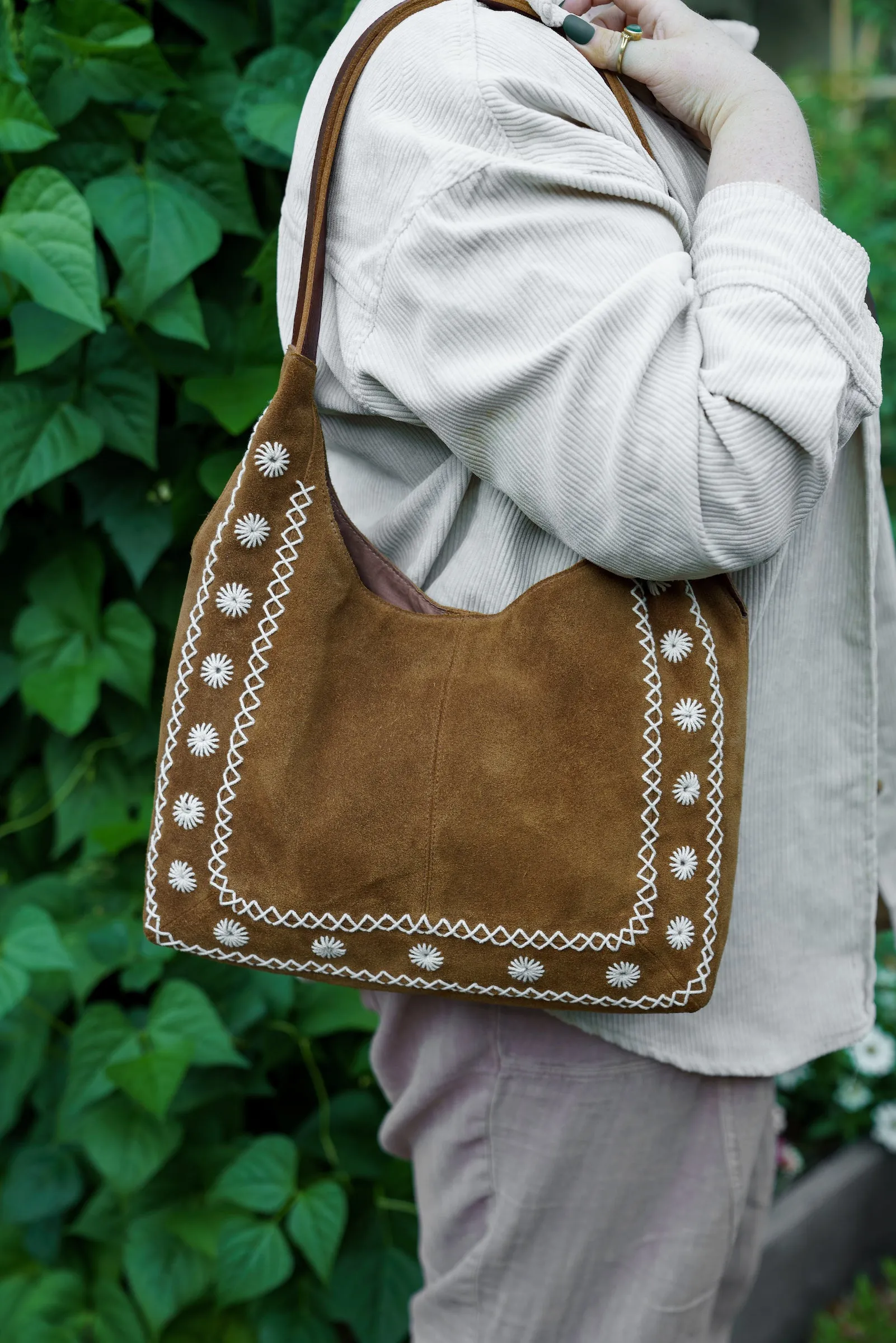 Phoebe Embroidered Suede Tote