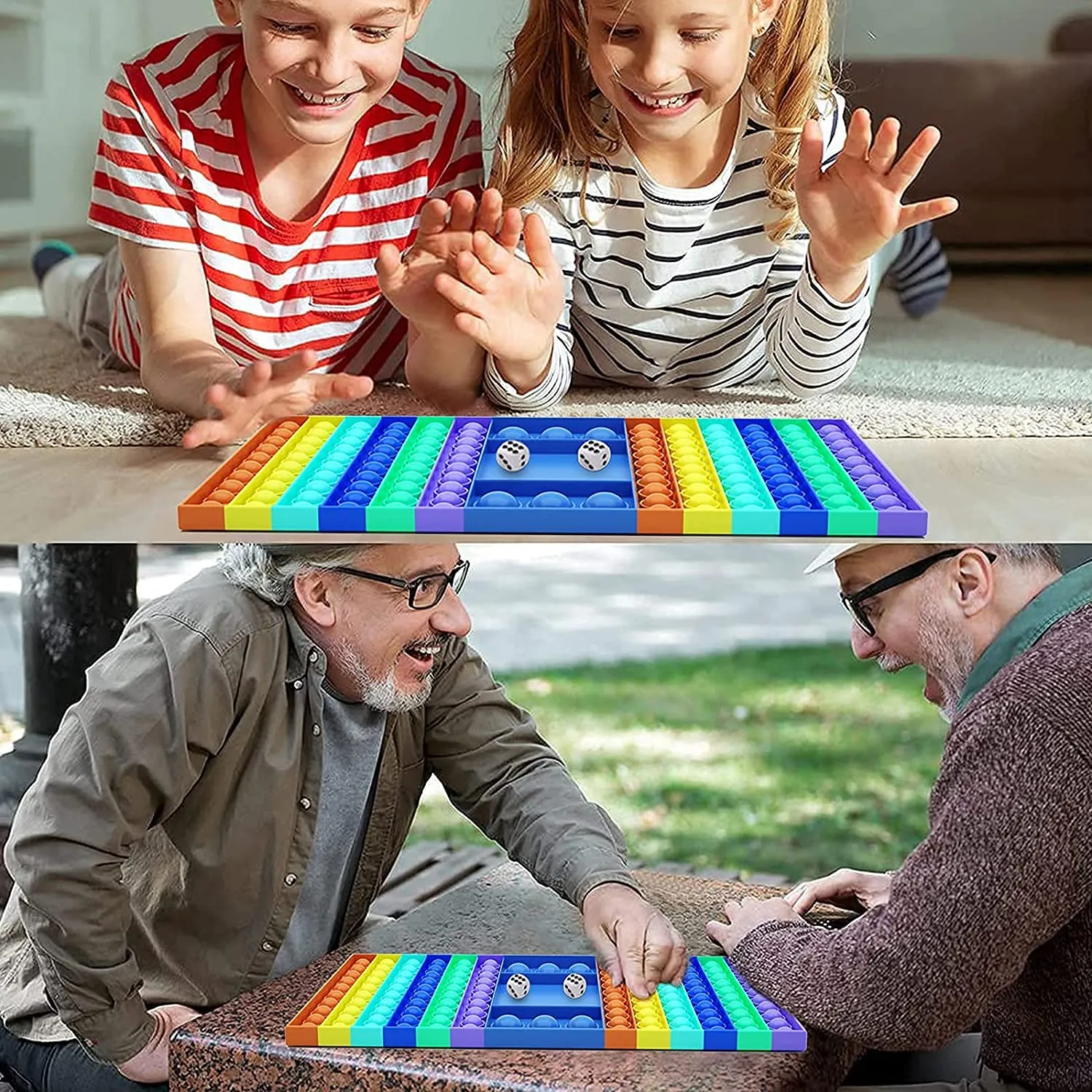 POPBUBBLE - GAMEBOARD WITH 2 DICES RAINBOW COLOUR