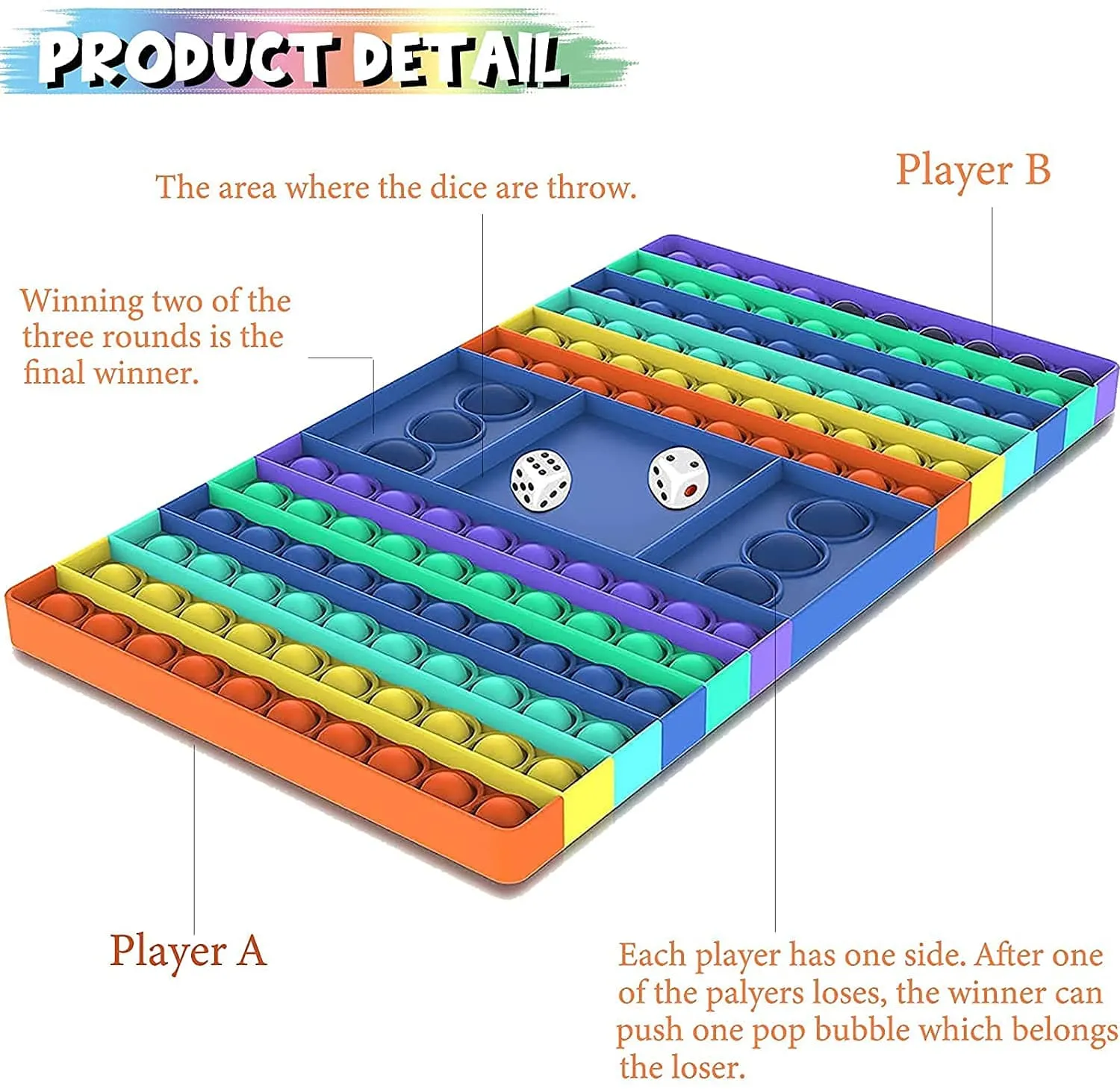 POPBUBBLE - GAMEBOARD WITH 2 DICES RAINBOW COLOUR