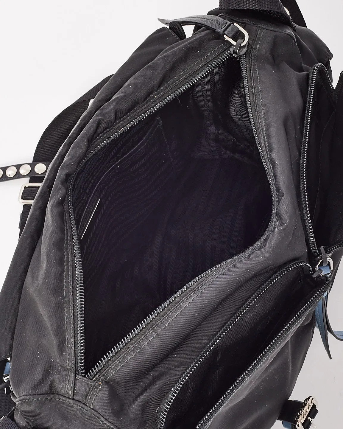 Prada Black & Baby Blue Nylon Studded Large Messenger Crossbody Bag