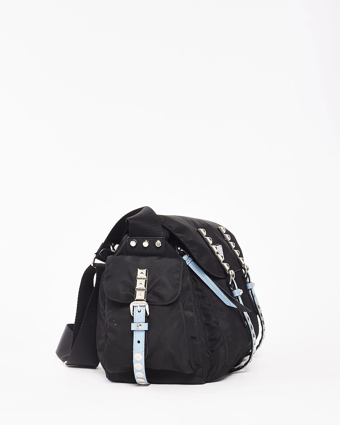 Prada Black & Baby Blue Nylon Studded Large Messenger Crossbody Bag