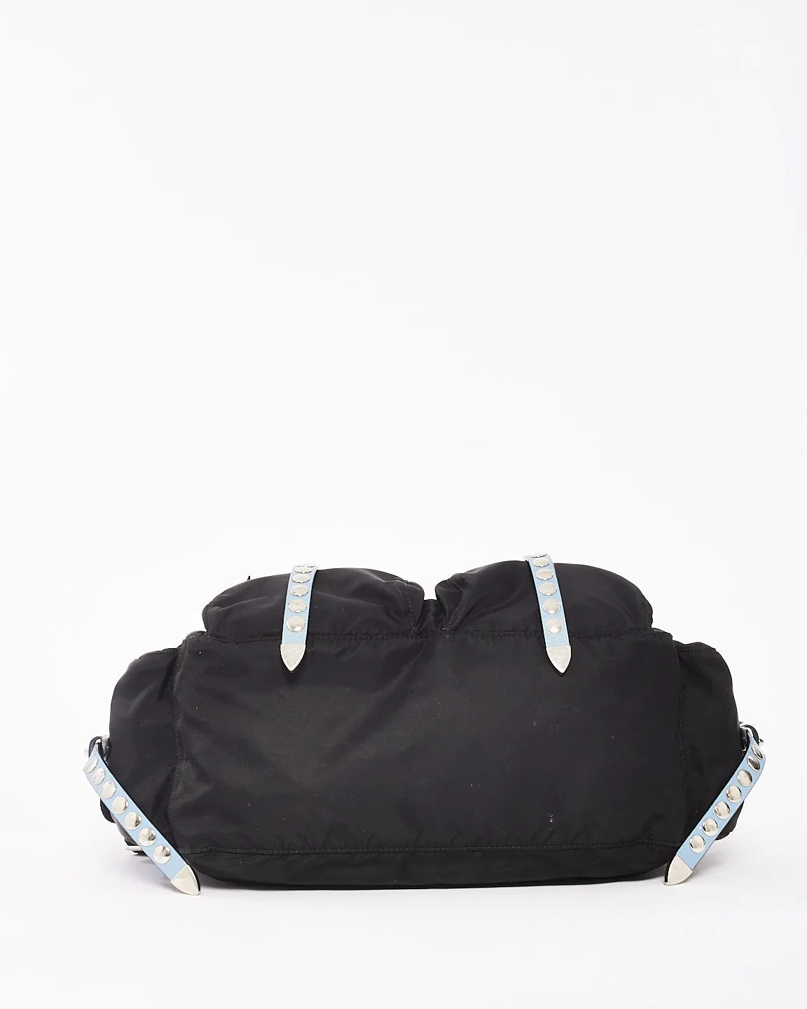Prada Black & Baby Blue Nylon Studded Large Messenger Crossbody Bag