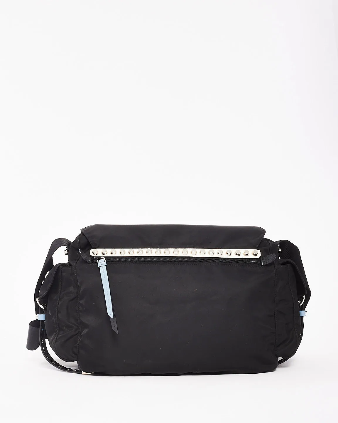 Prada Black & Baby Blue Nylon Studded Large Messenger Crossbody Bag