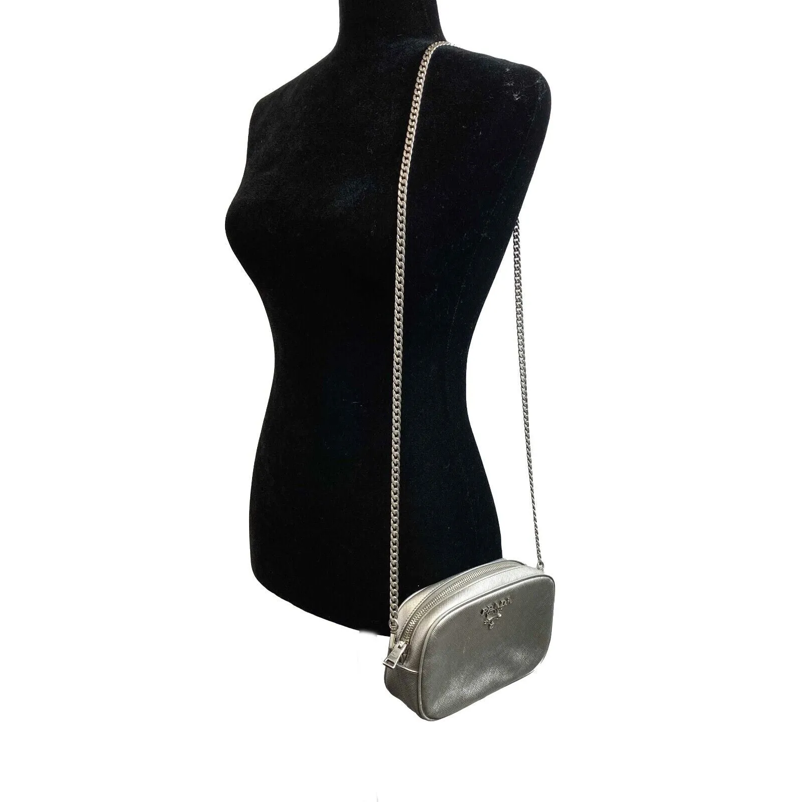 Prada - Odette Saffiano Leather Silver Belt Bag/Crossbody
