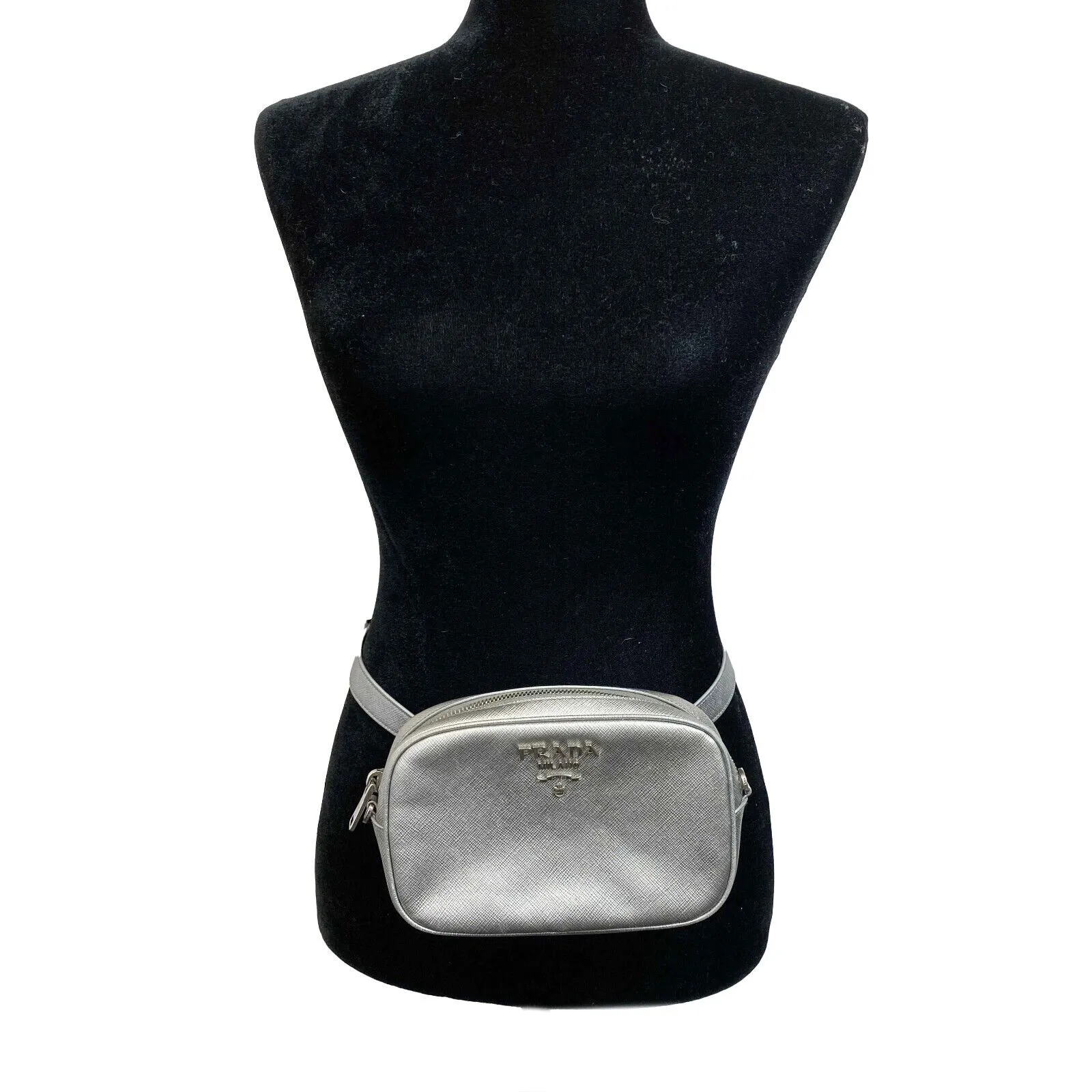 Prada - Odette Saffiano Leather Silver Belt Bag/Crossbody