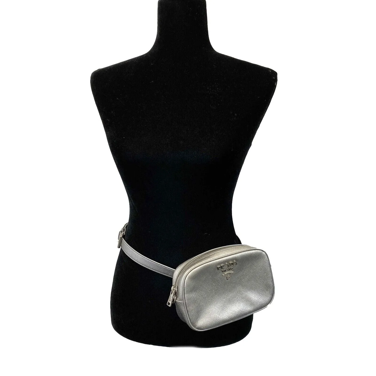 Prada - Odette Saffiano Leather Silver Belt Bag/Crossbody