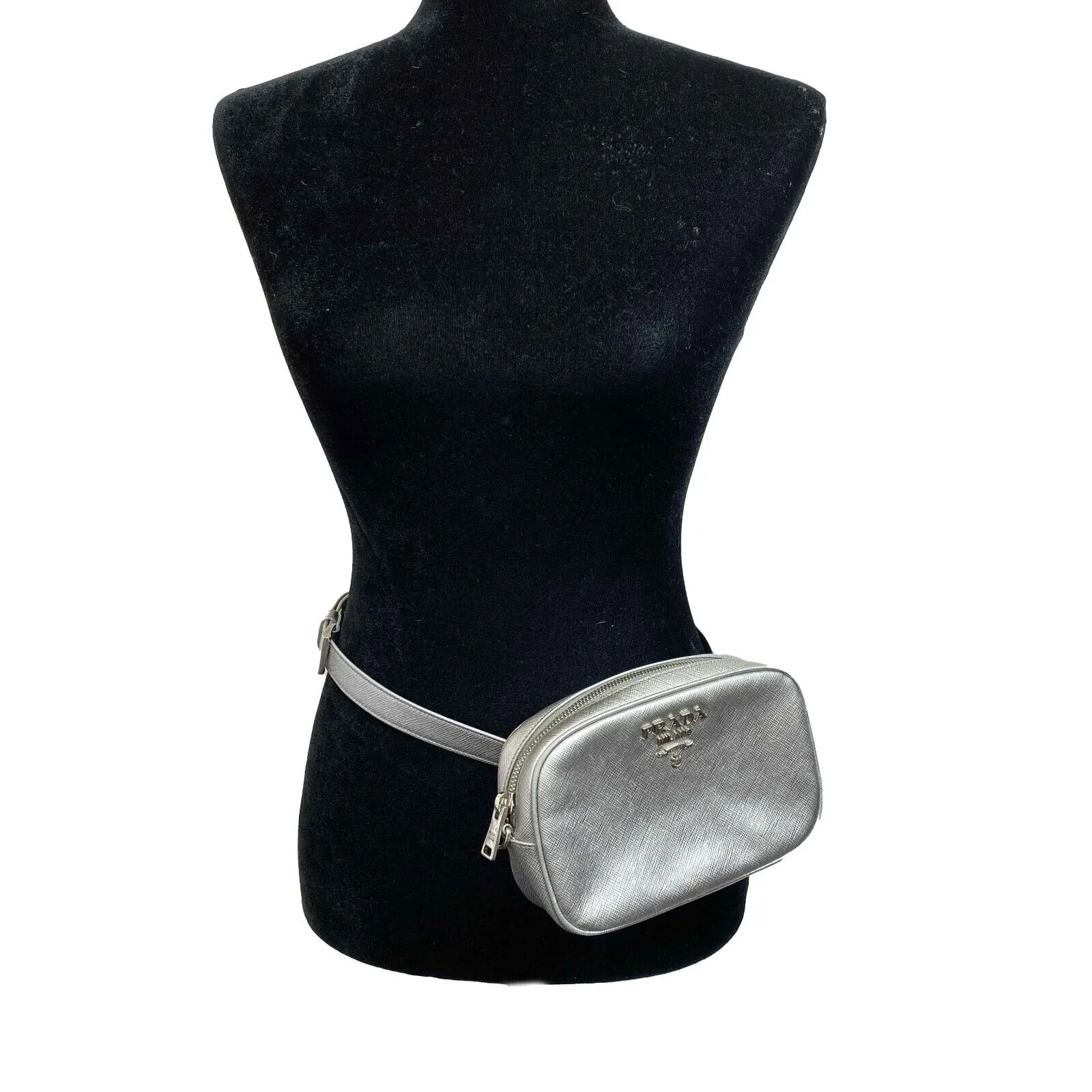 Prada - Odette Saffiano Leather Silver Belt Bag/Crossbody
