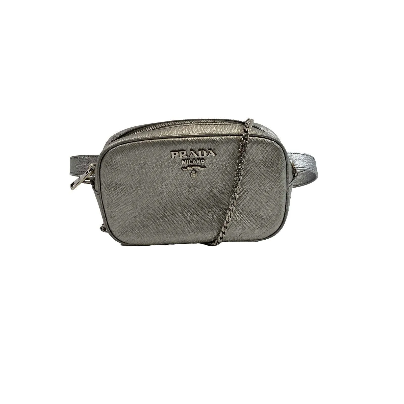 Prada - Odette Saffiano Leather Silver Belt Bag/Crossbody