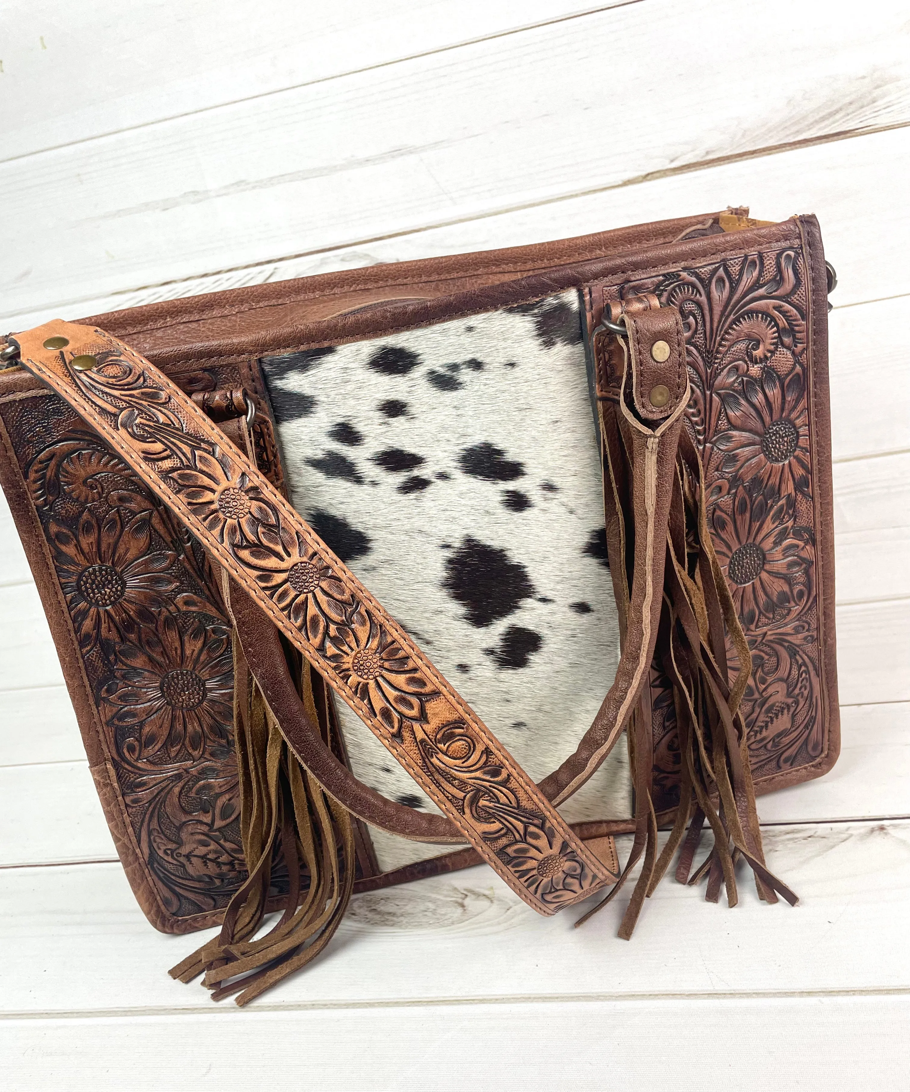 Prescott Black & White Hide Tote with Leather Tooled Sunflowers