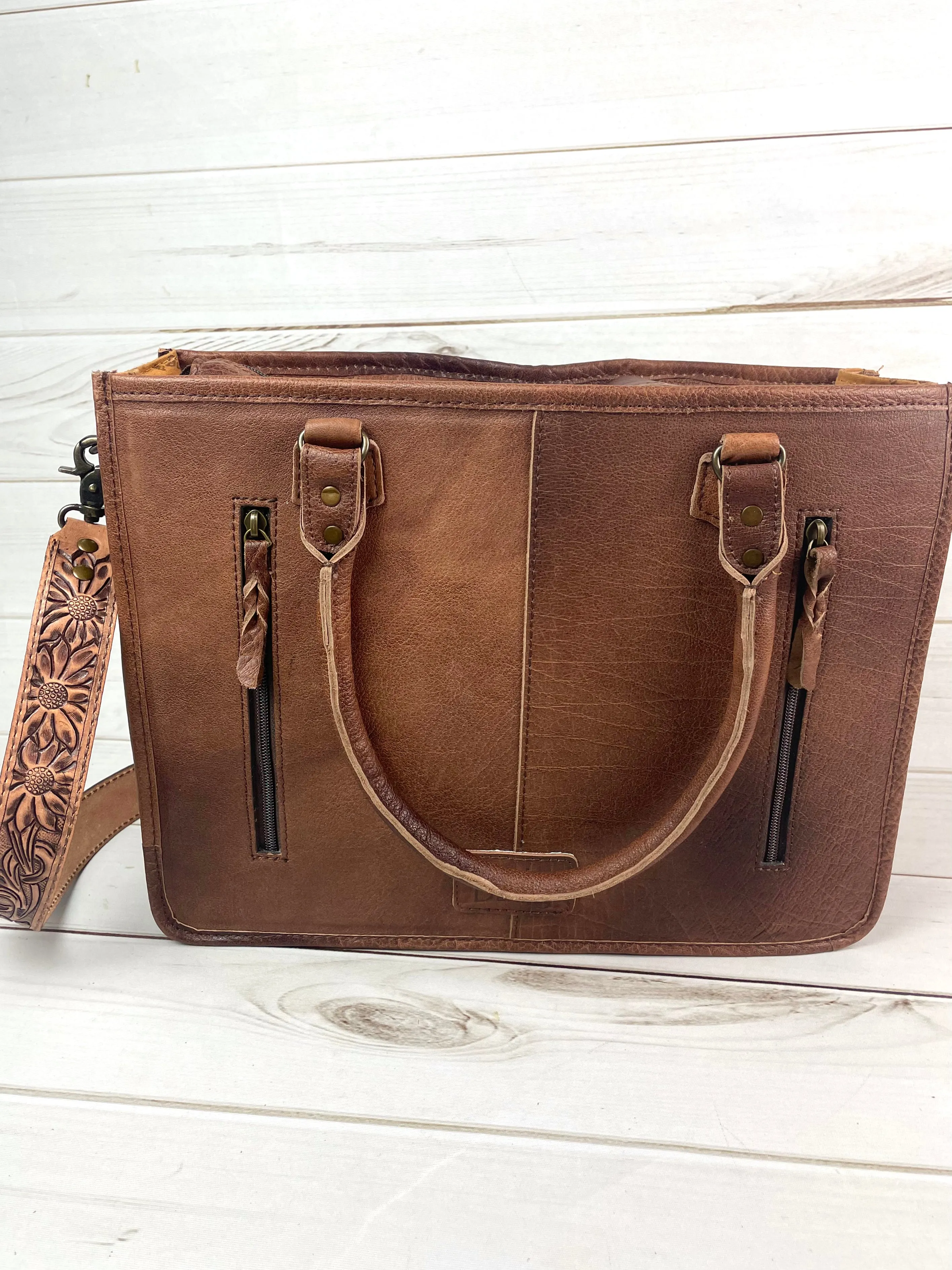 Prescott Black & White Hide Tote with Leather Tooled Sunflowers