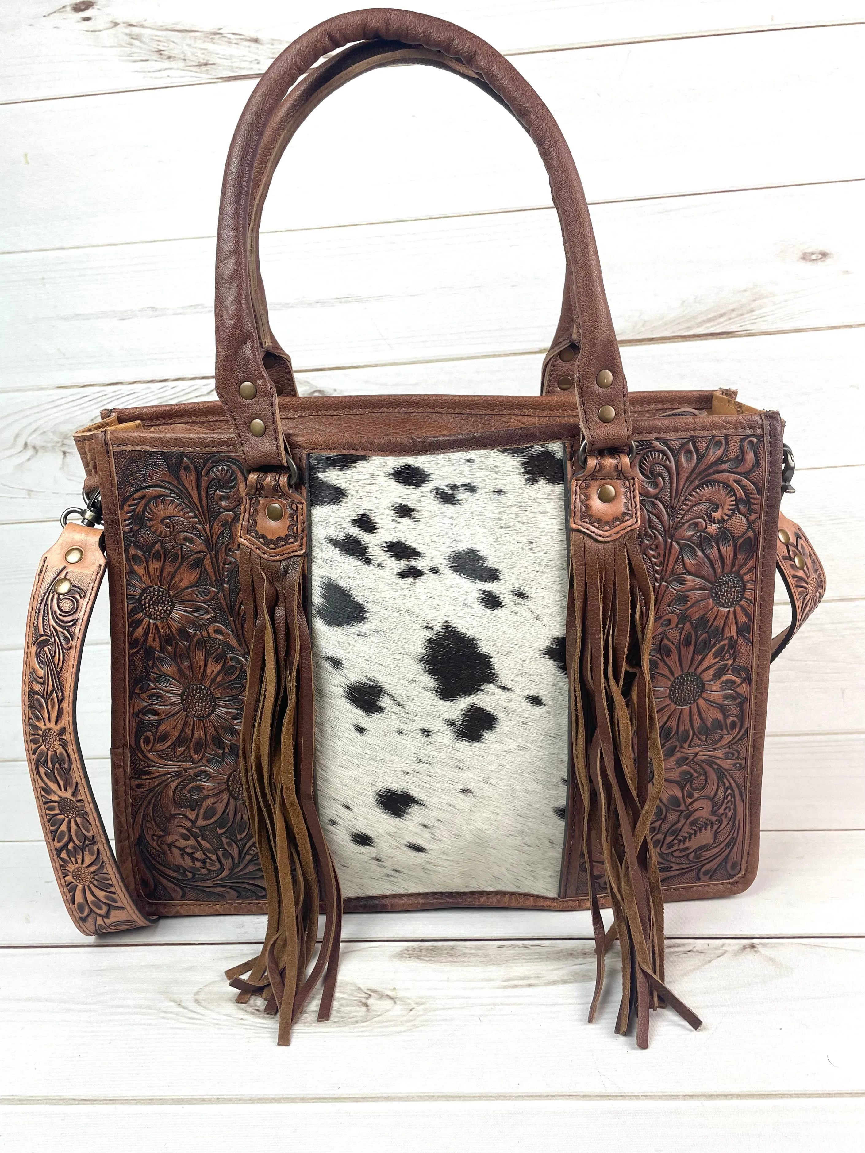 Prescott Black & White Hide Tote with Leather Tooled Sunflowers