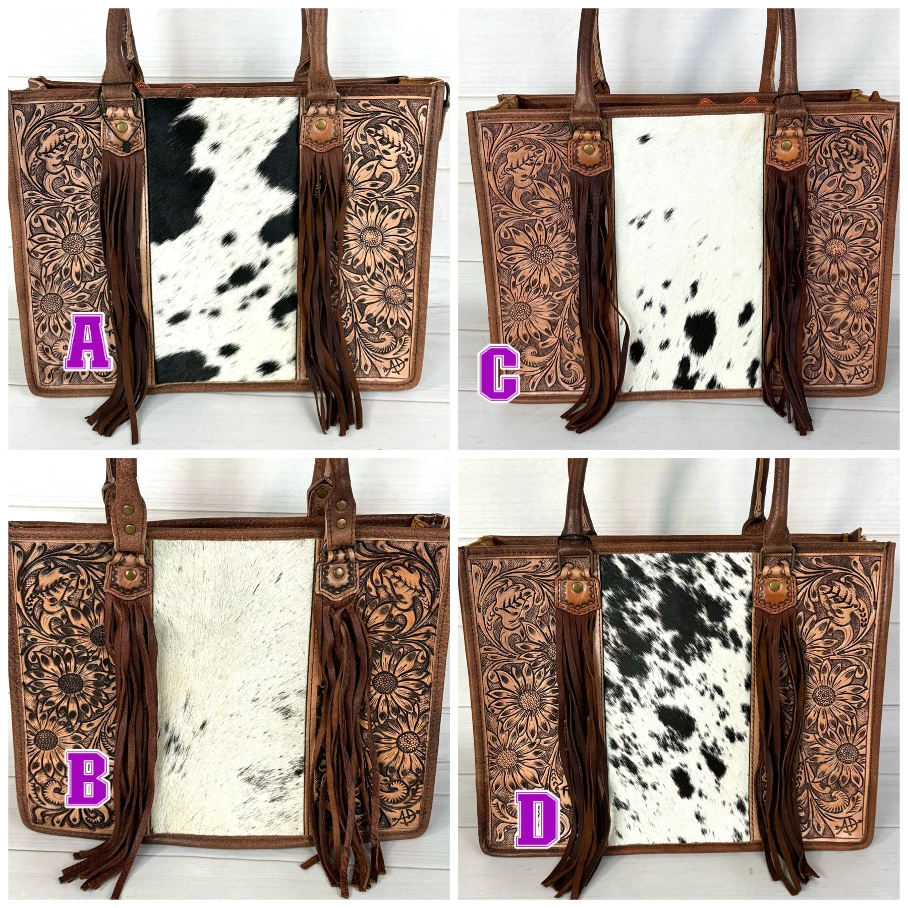 Prescott Black & White Hide Tote with Leather Tooled Sunflowers