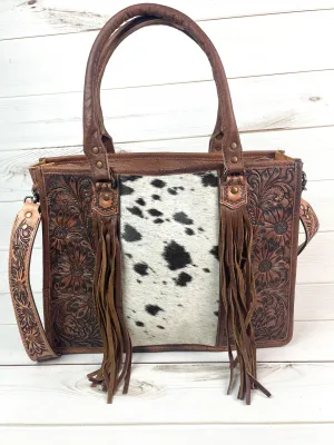 Prescott Black & White Hide Tote with Leather Tooled Sunflowers