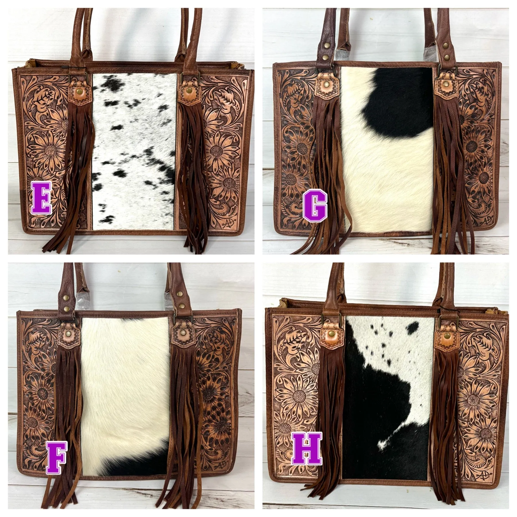 Prescott Black & White Hide Tote with Leather Tooled Sunflowers