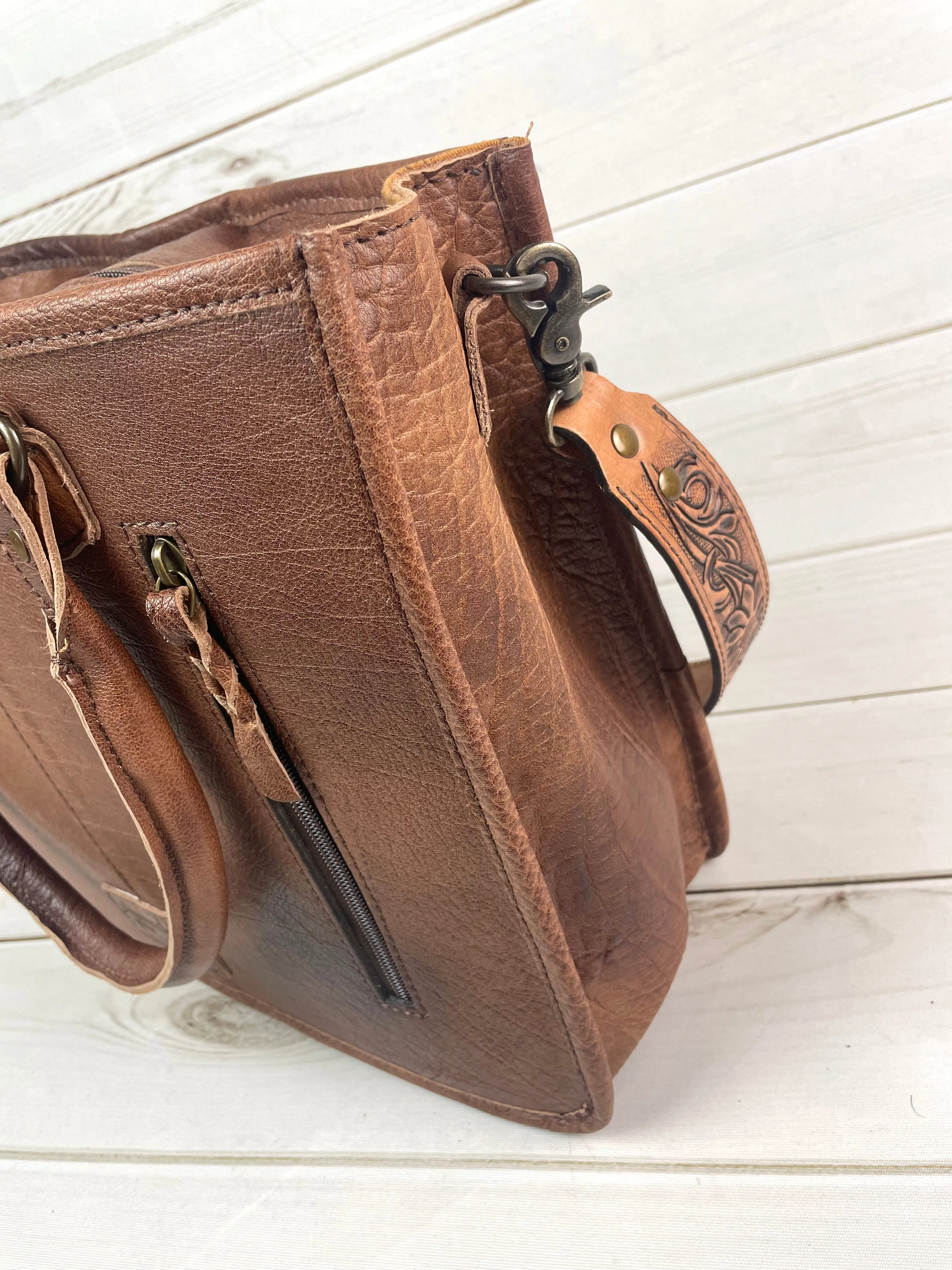 Prescott Black & White Hide Tote with Leather Tooled Sunflowers