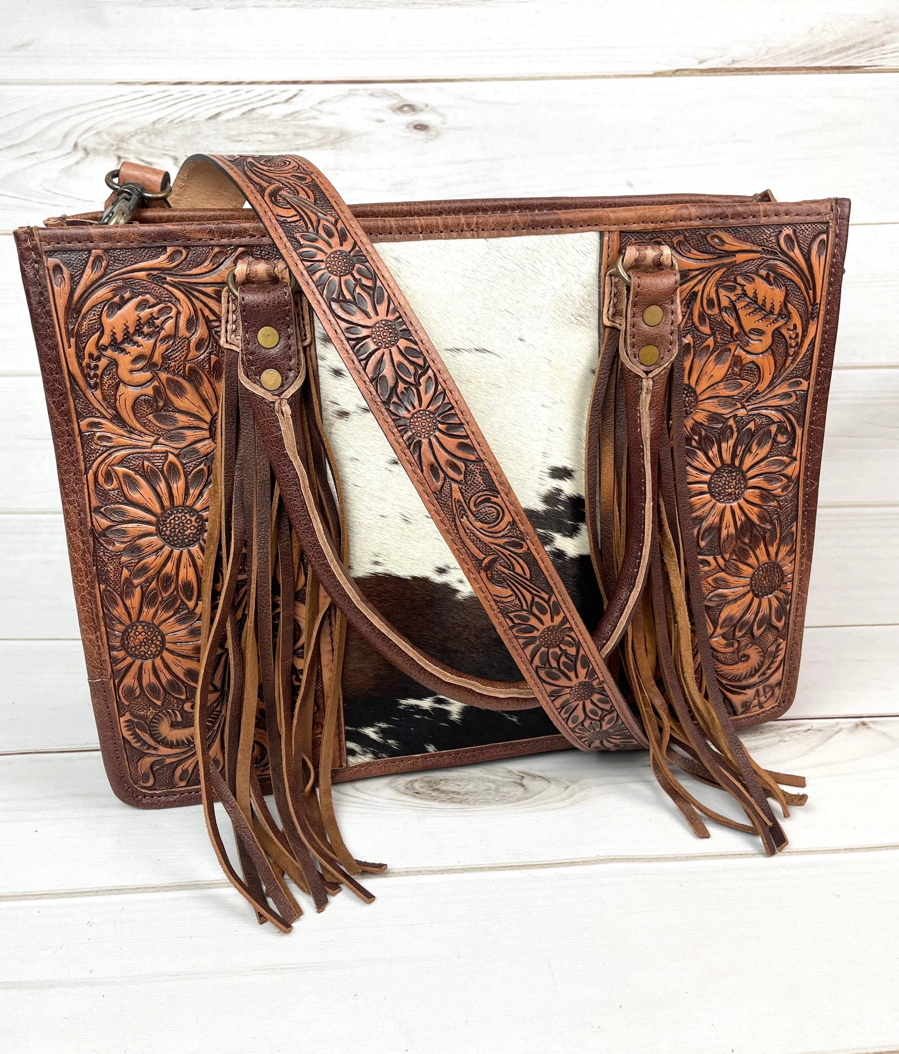 Prescott Brown Pattern Hide Tote with Leather Tooled Sunflowers