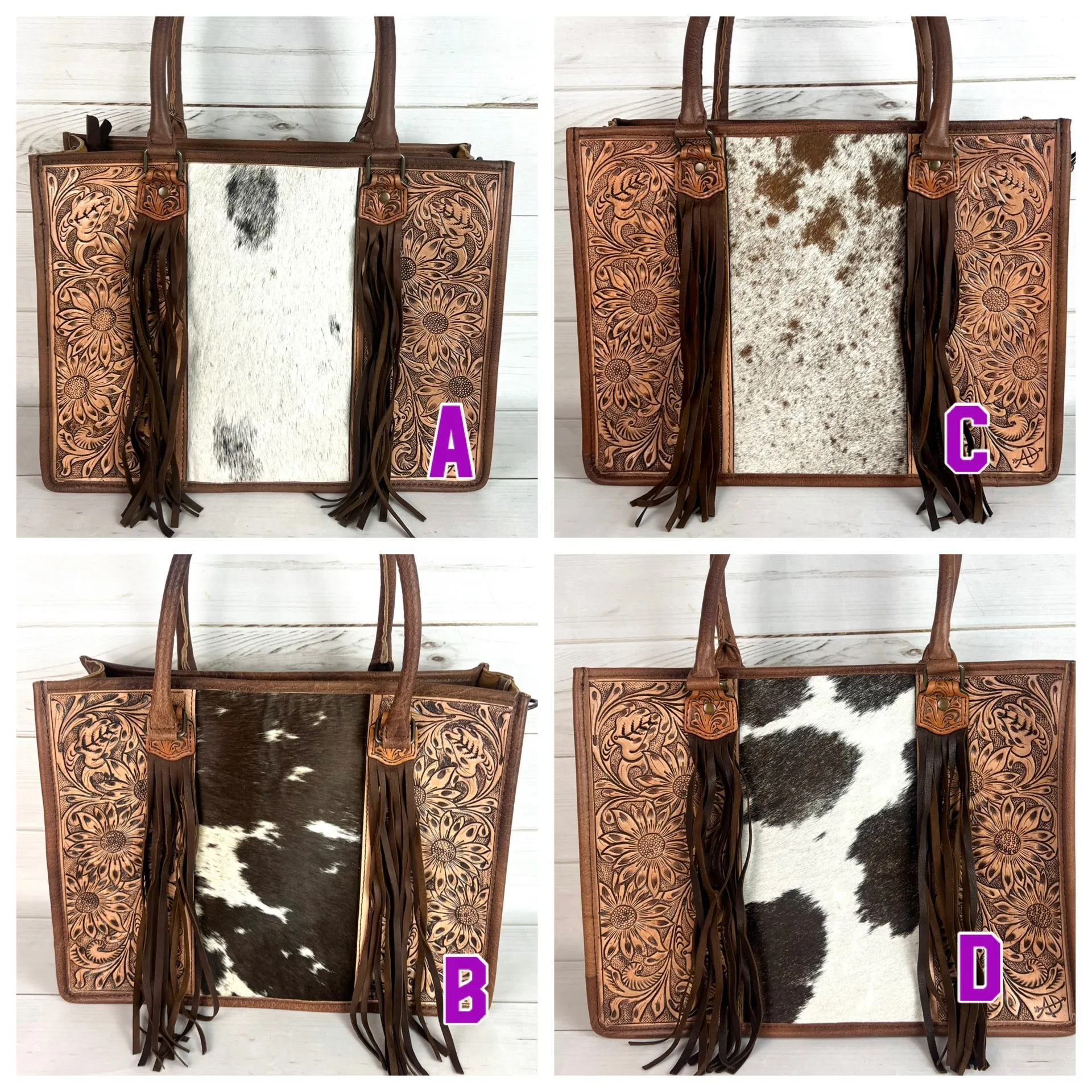 Prescott Brown Pattern Hide Tote with Leather Tooled Sunflowers