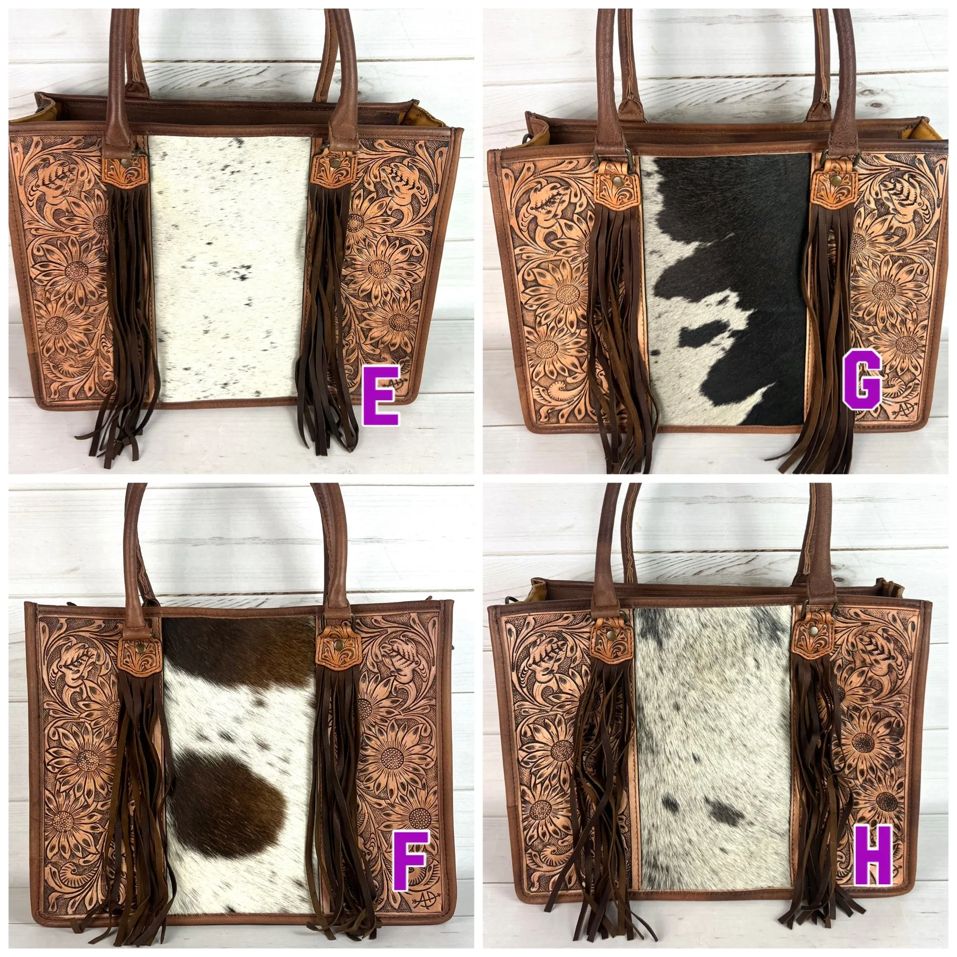 Prescott Brown Pattern Hide Tote with Leather Tooled Sunflowers