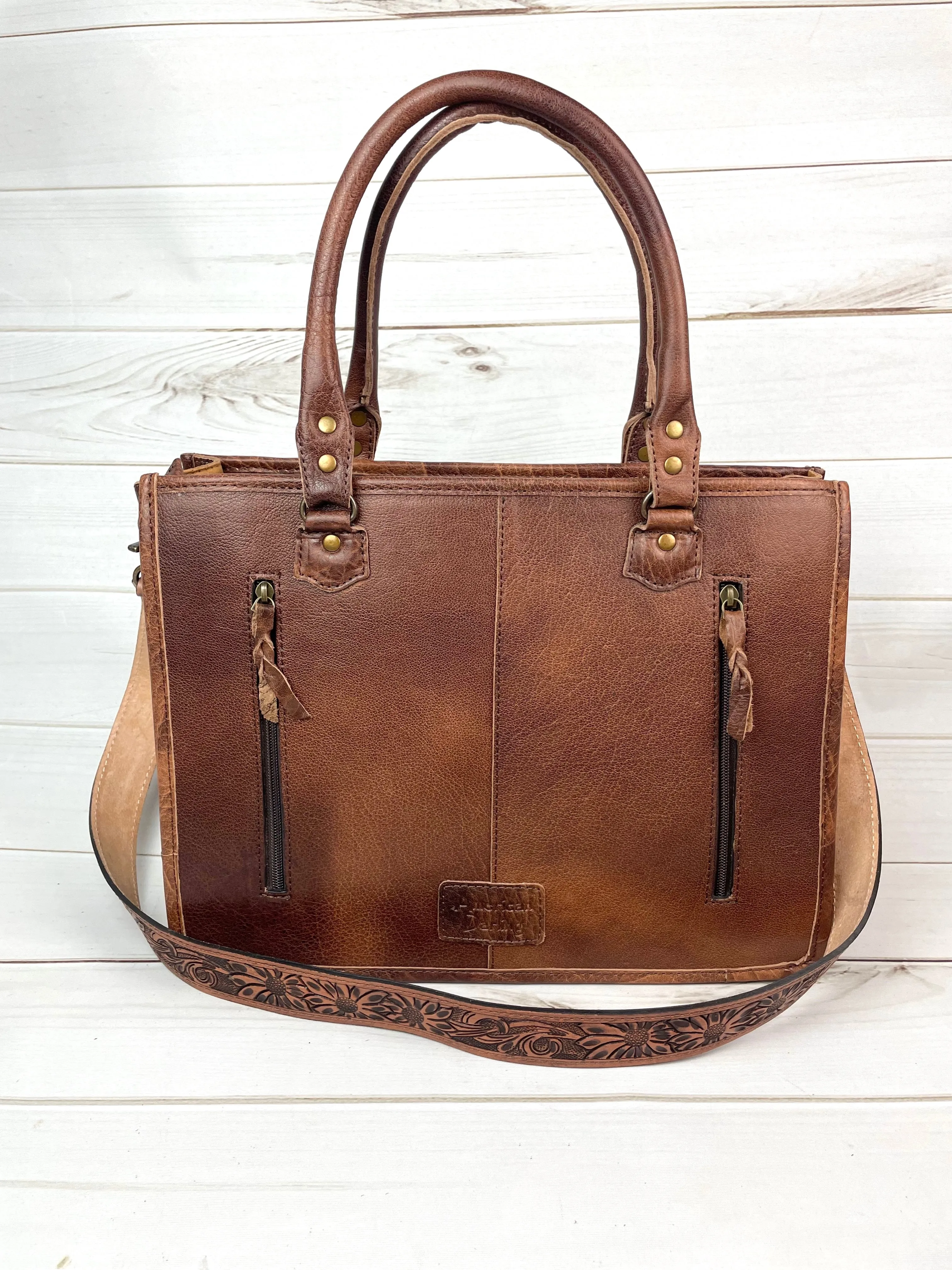 Prescott Brown Pattern Hide Tote with Leather Tooled Sunflowers