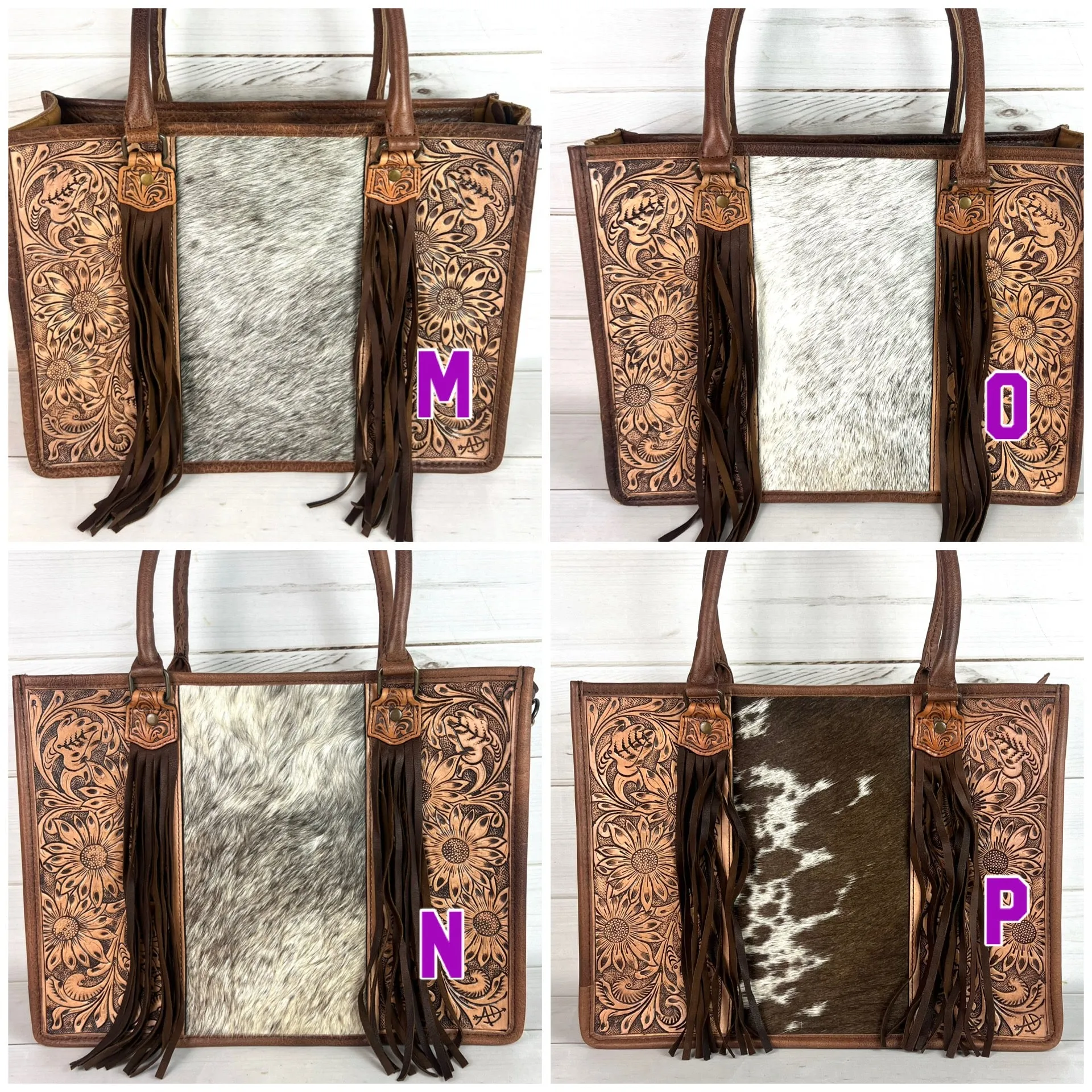Prescott Brown Pattern Hide Tote with Leather Tooled Sunflowers