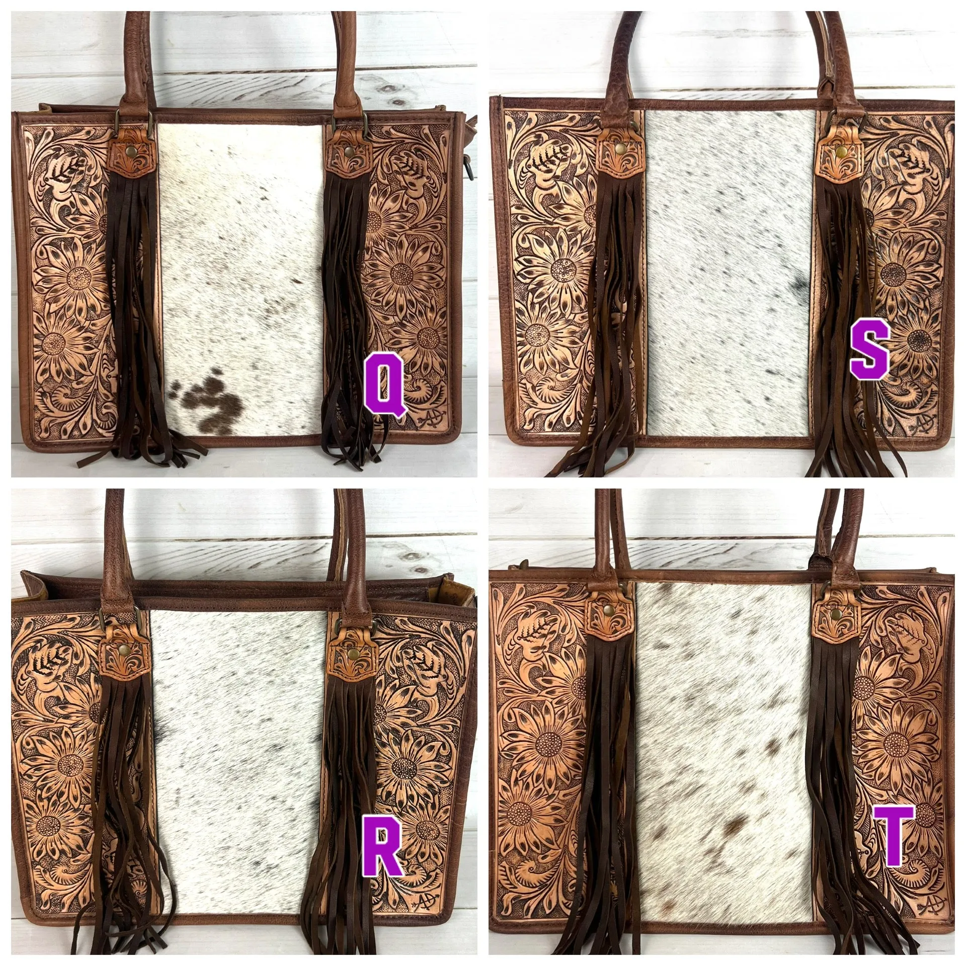 Prescott Brown Pattern Hide Tote with Leather Tooled Sunflowers