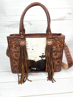 Prescott Brown Pattern Hide Tote with Leather Tooled Sunflowers