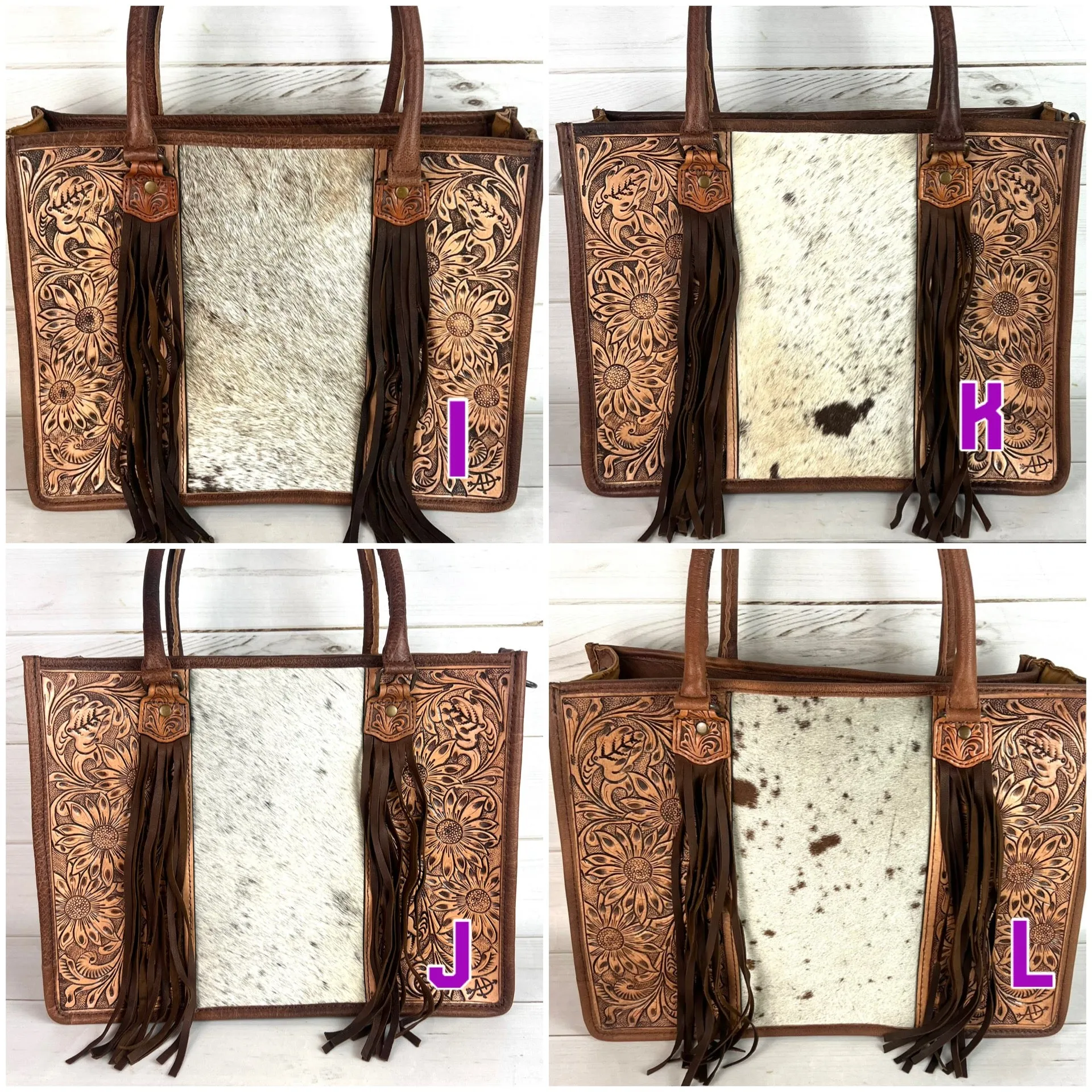 Prescott Brown Pattern Hide Tote with Leather Tooled Sunflowers