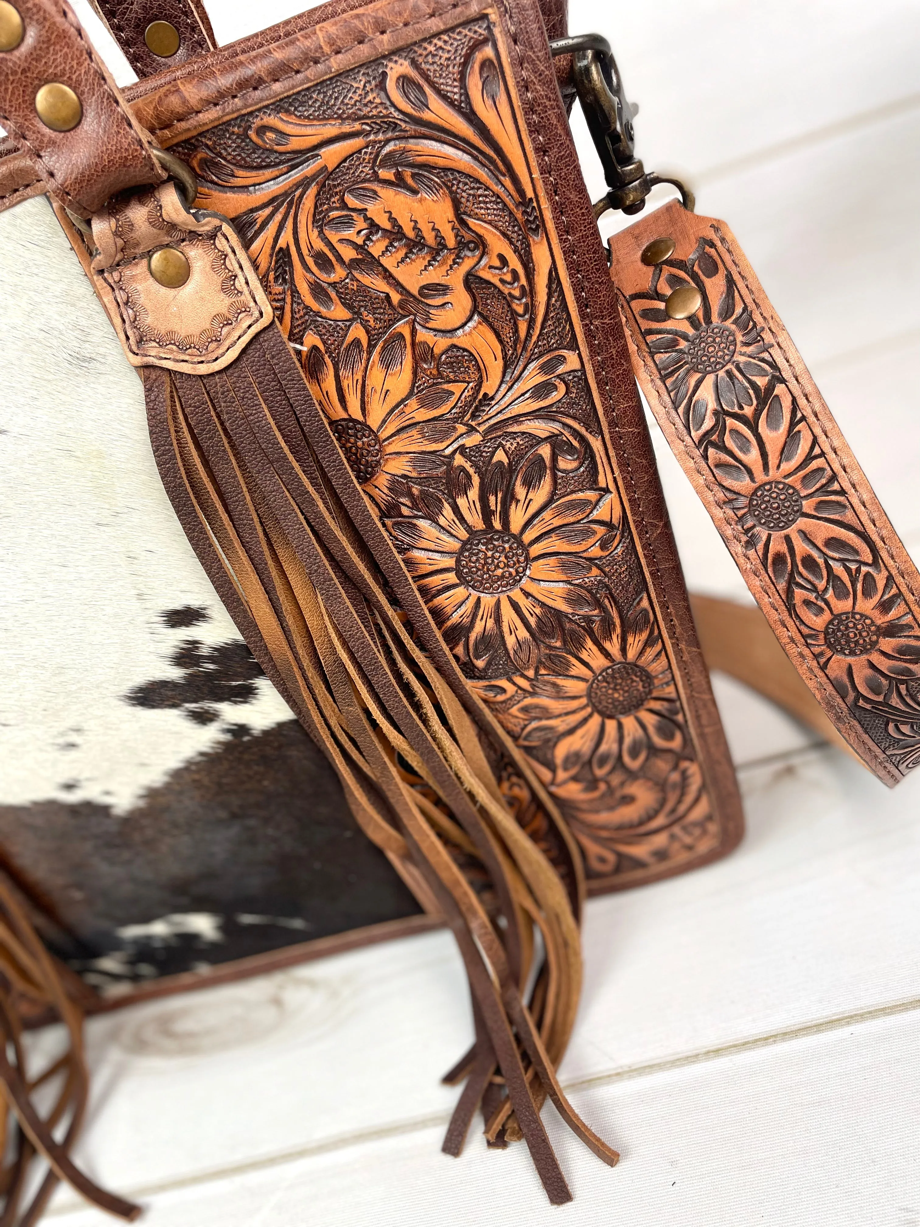 Prescott Brown Pattern Hide Tote with Leather Tooled Sunflowers