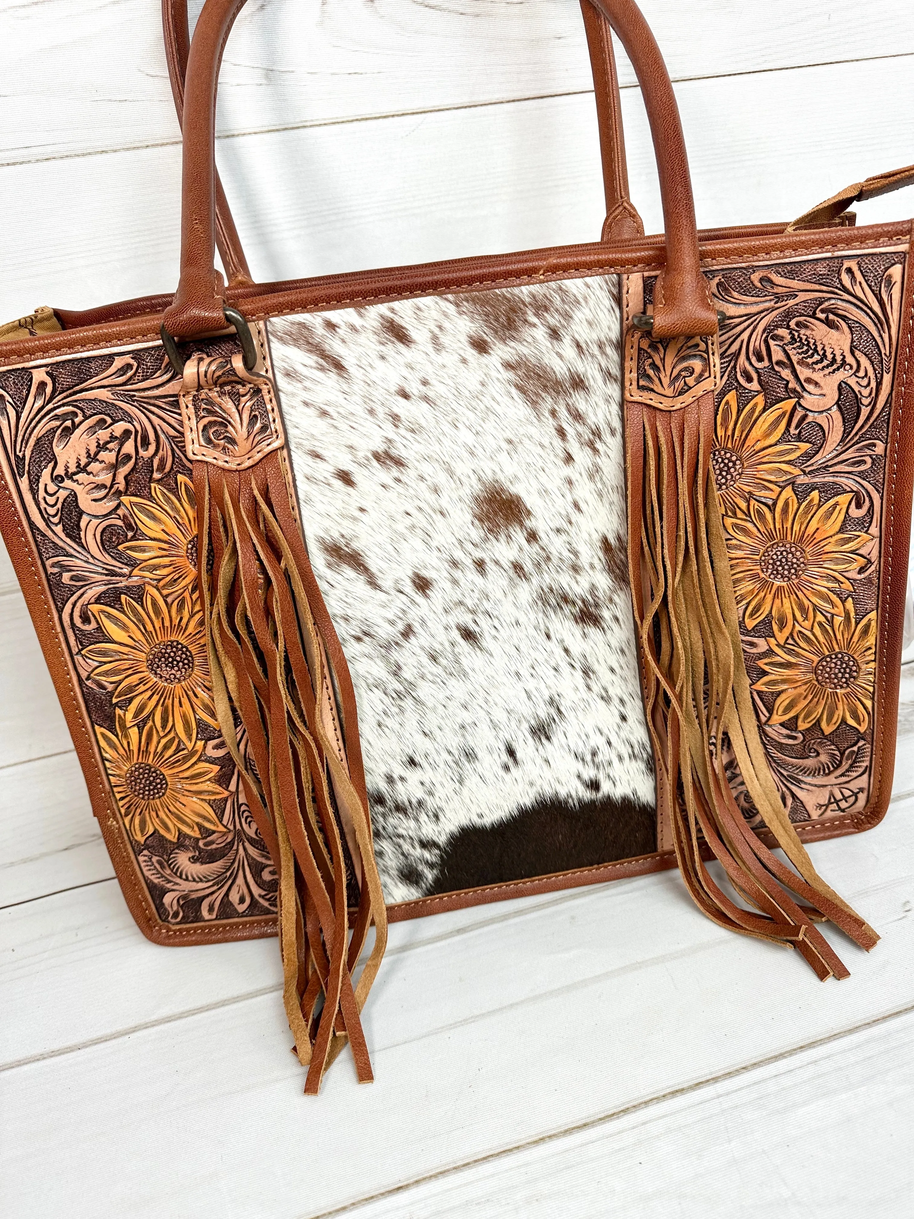 Prescott Cowhide Leather Tote with Tooled Painted Sunflowers