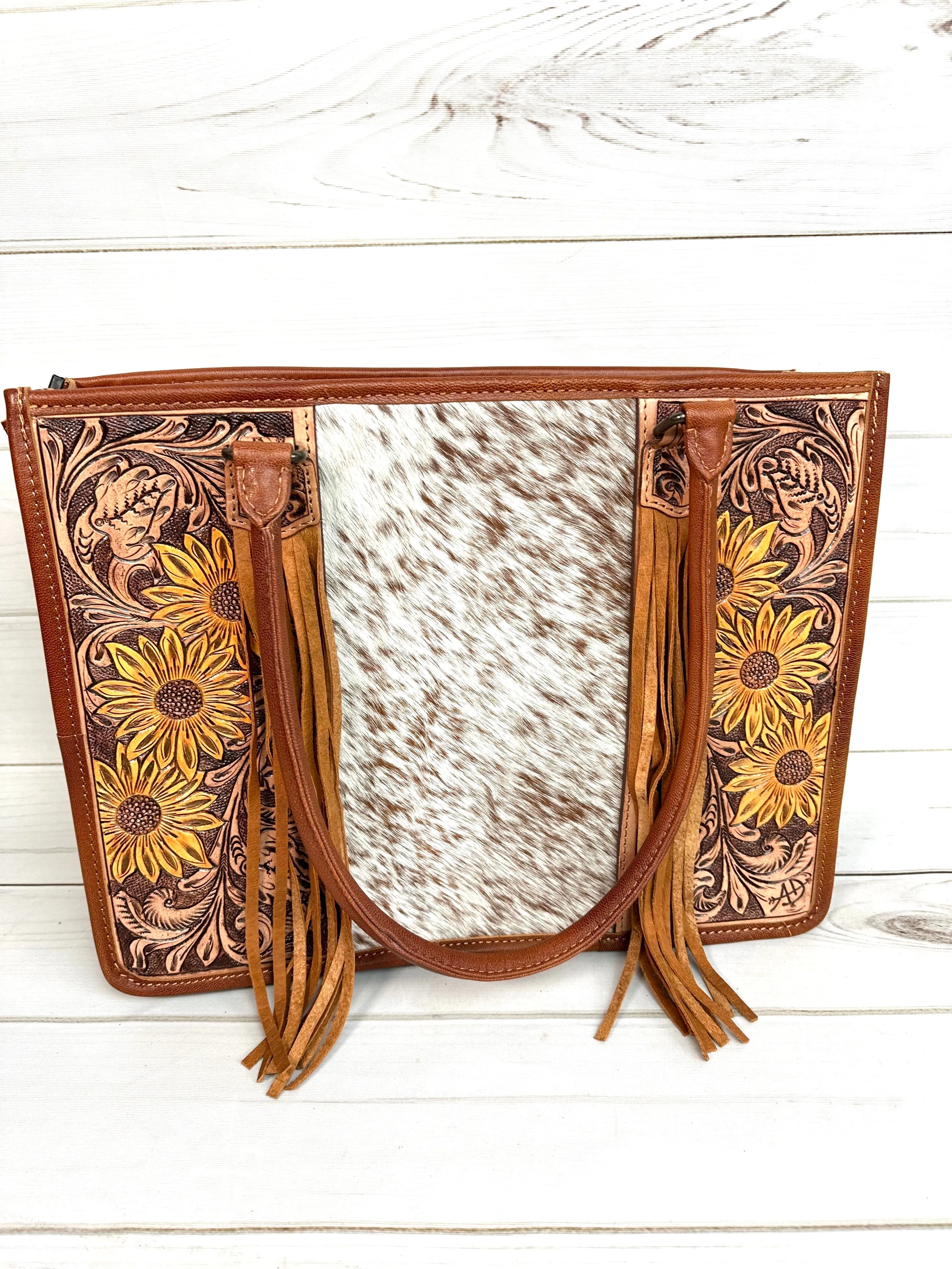 Prescott Cowhide Leather Tote with Tooled Painted Sunflowers