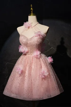 Princess Pink Halter Sleeveless Homecoming Dresses with 3D Flower Appliques