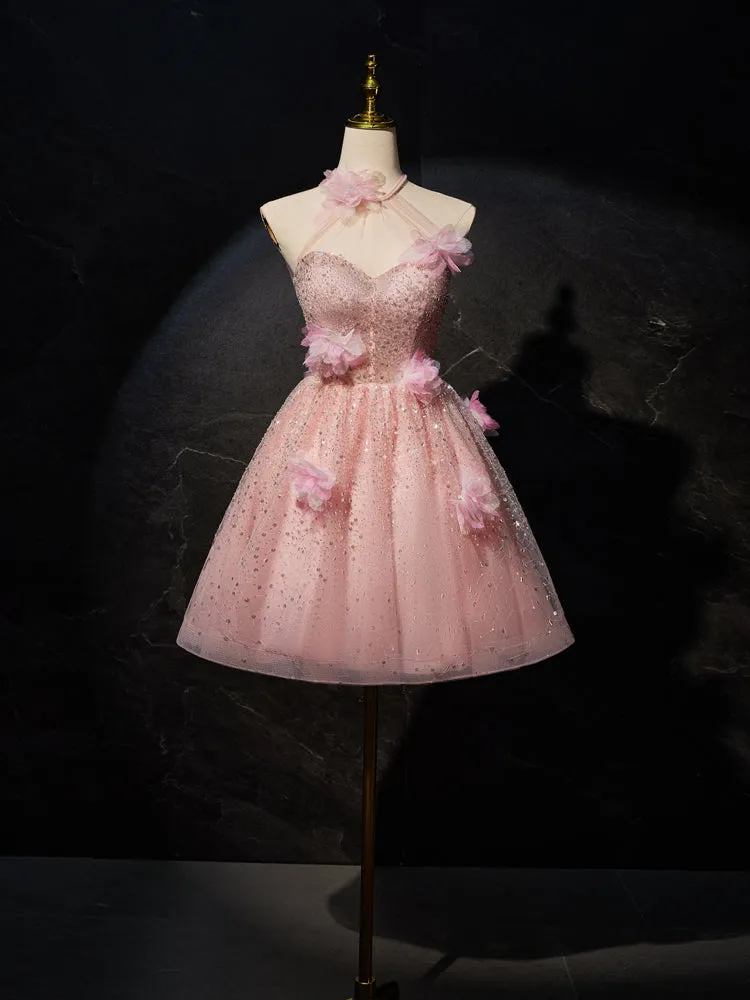 Princess Pink Halter Sleeveless Homecoming Dresses with 3D Flower Appliques