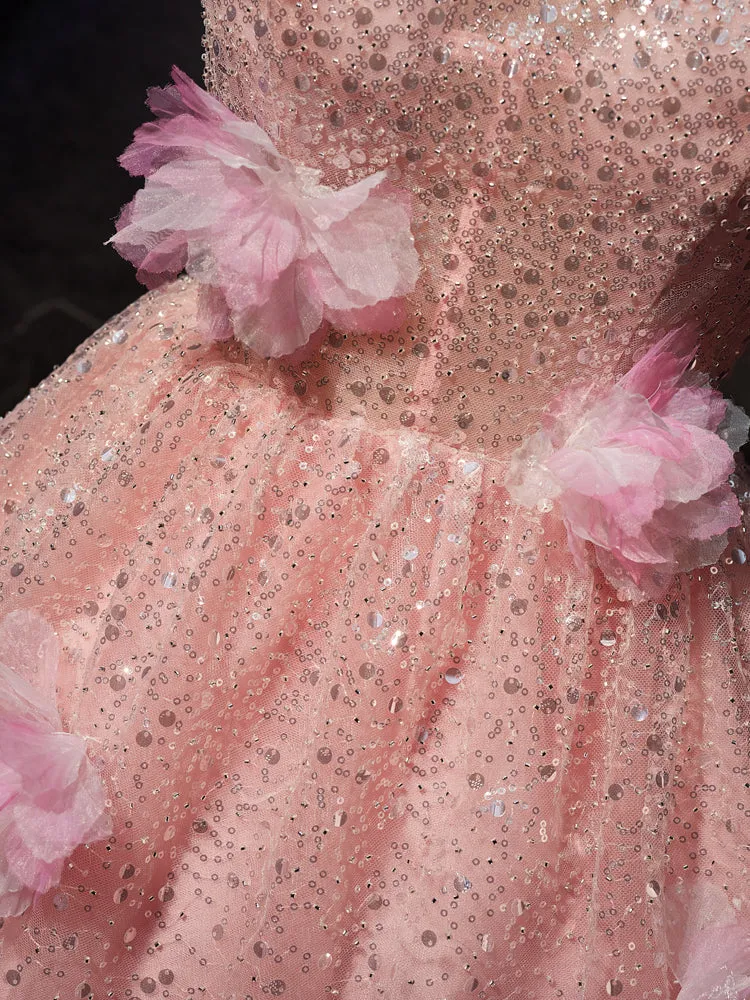 Princess Pink Halter Sleeveless Homecoming Dresses with 3D Flower Appliques
