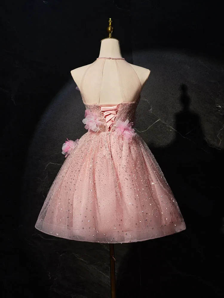 Princess Pink Halter Sleeveless Homecoming Dresses with 3D Flower Appliques