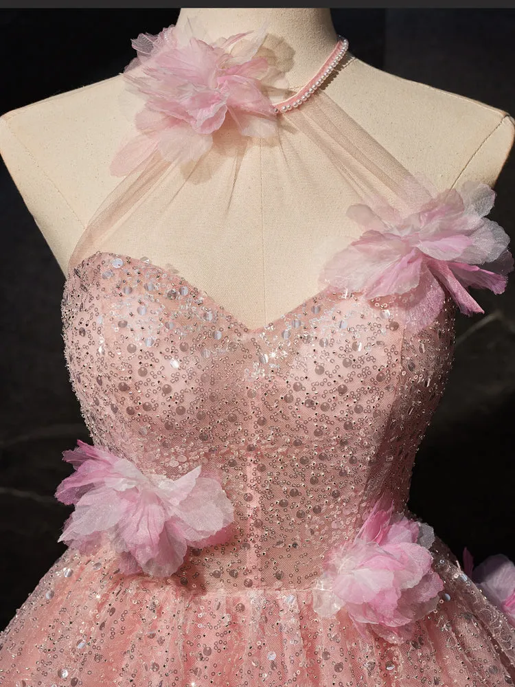 Princess Pink Halter Sleeveless Homecoming Dresses with 3D Flower Appliques