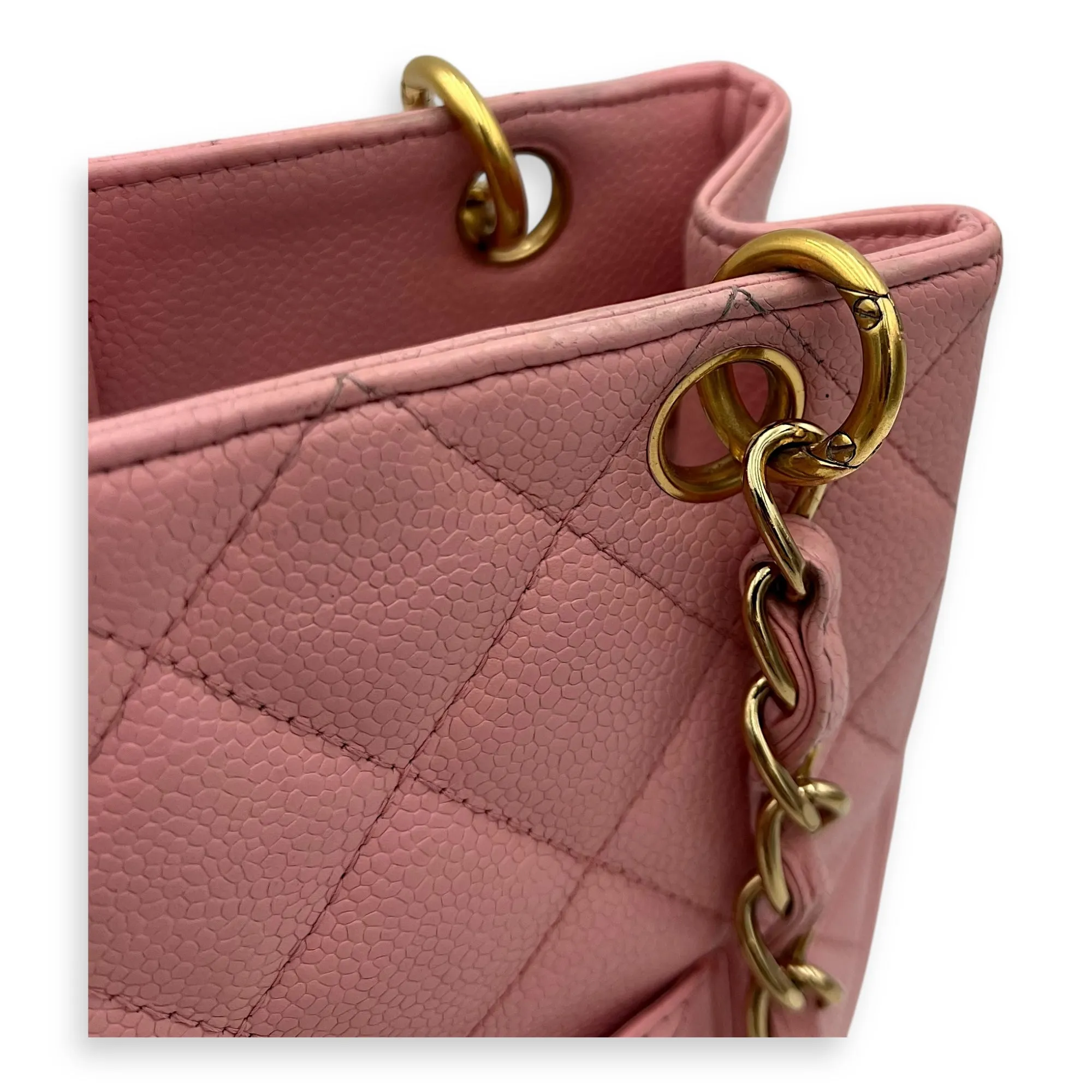 PST Petite Shopping Pink Tote Bag in Caviar Leather, Gold hardware