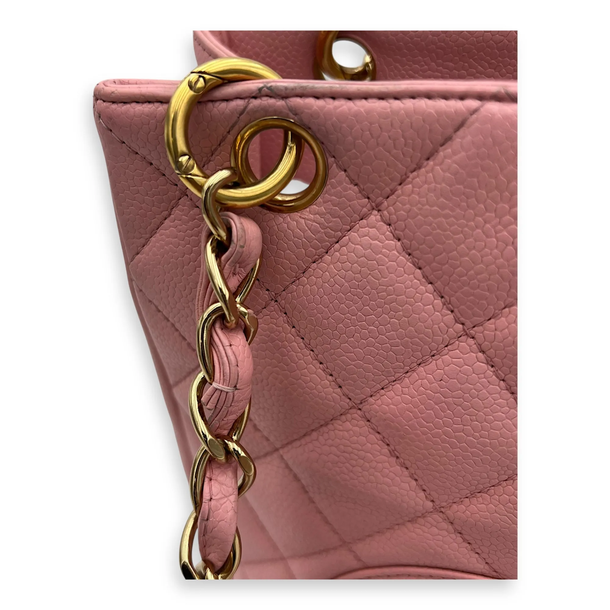 PST Petite Shopping Pink Tote Bag in Caviar Leather, Gold hardware