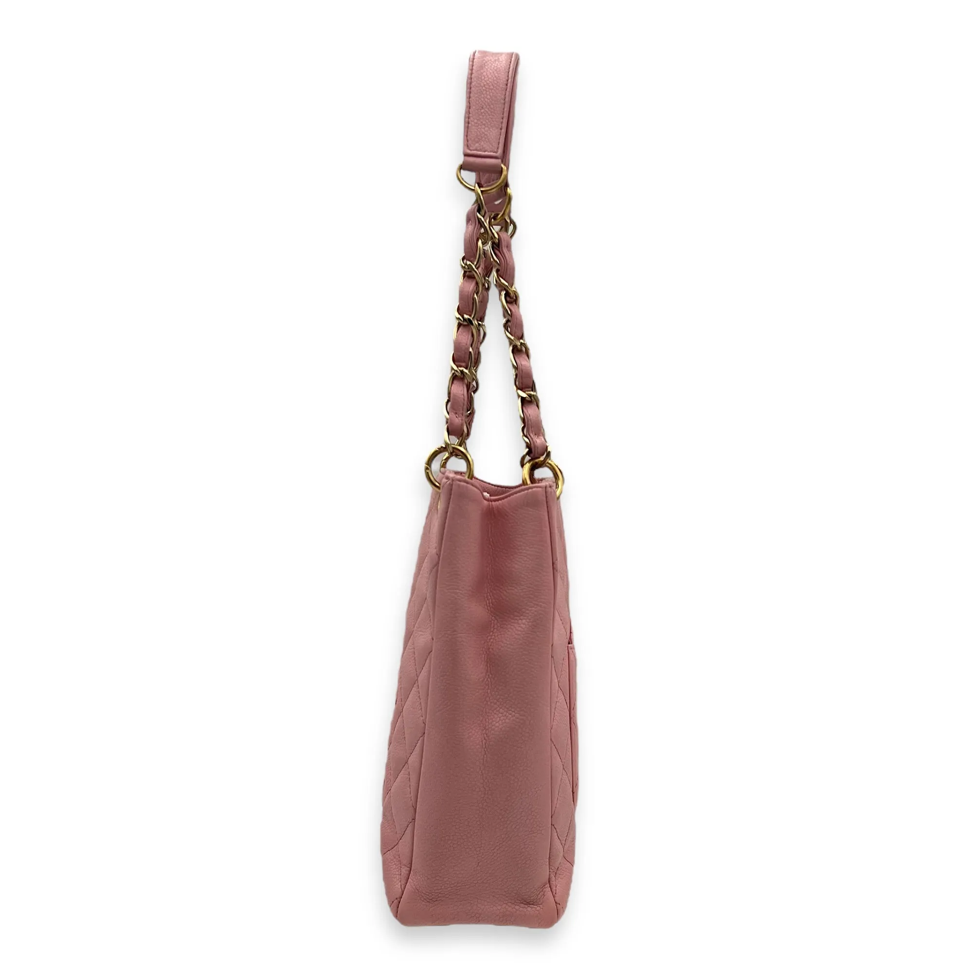 PST Petite Shopping Pink Tote Bag in Caviar Leather, Gold hardware