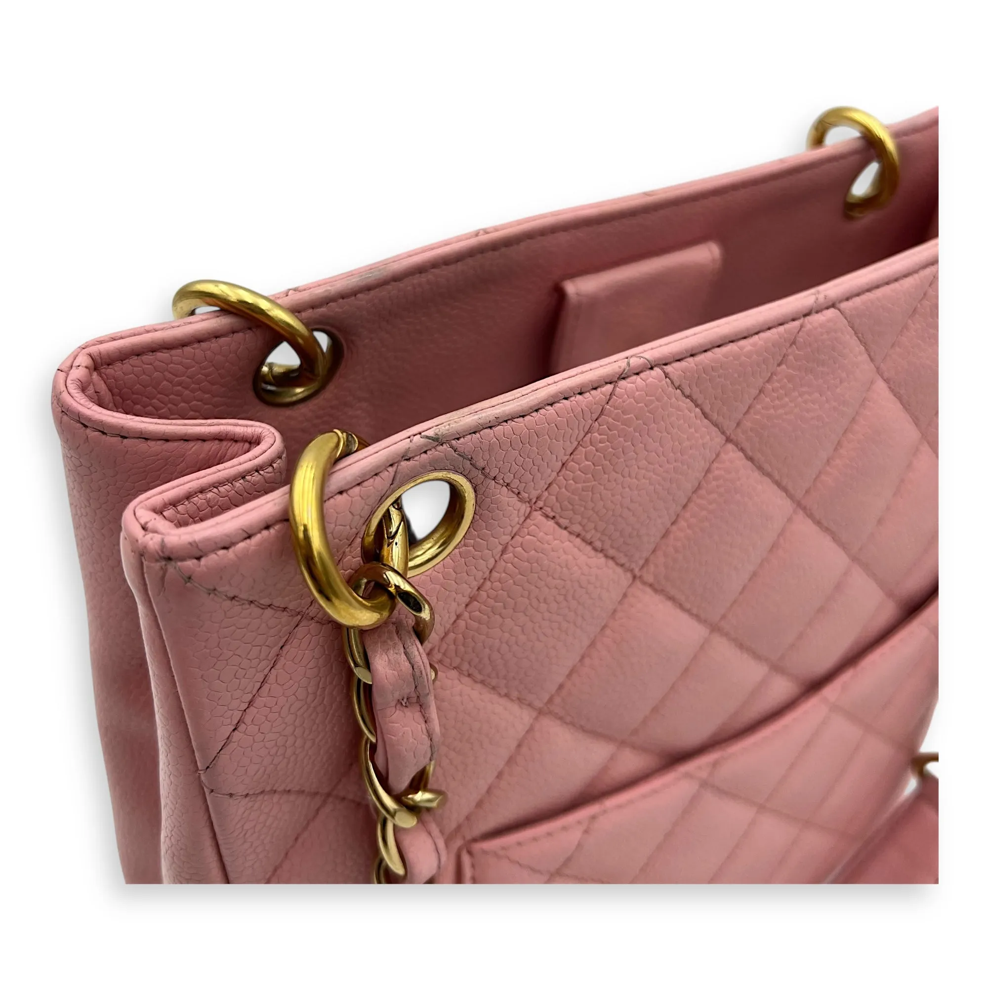 PST Petite Shopping Pink Tote Bag in Caviar Leather, Gold hardware