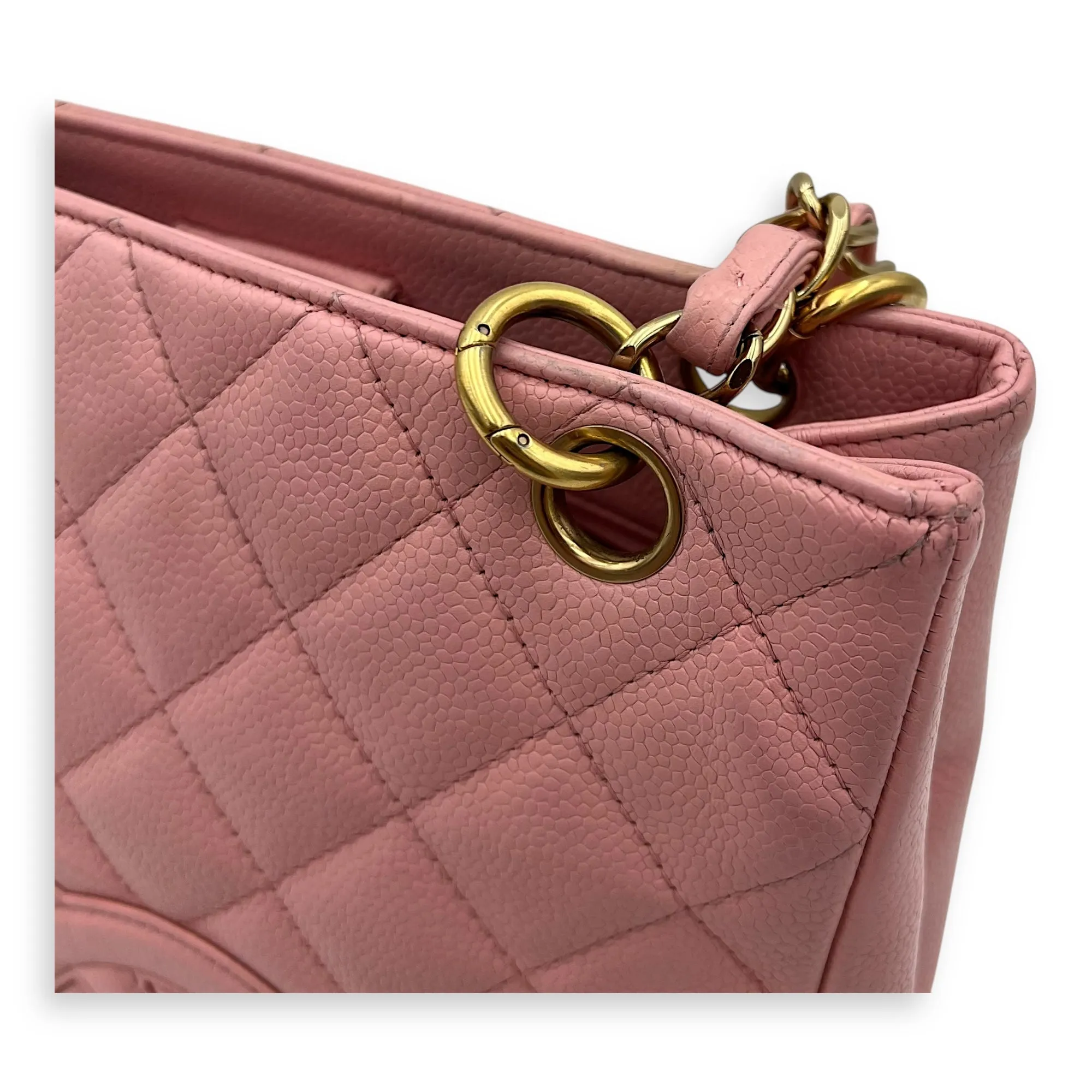 PST Petite Shopping Pink Tote Bag in Caviar Leather, Gold hardware