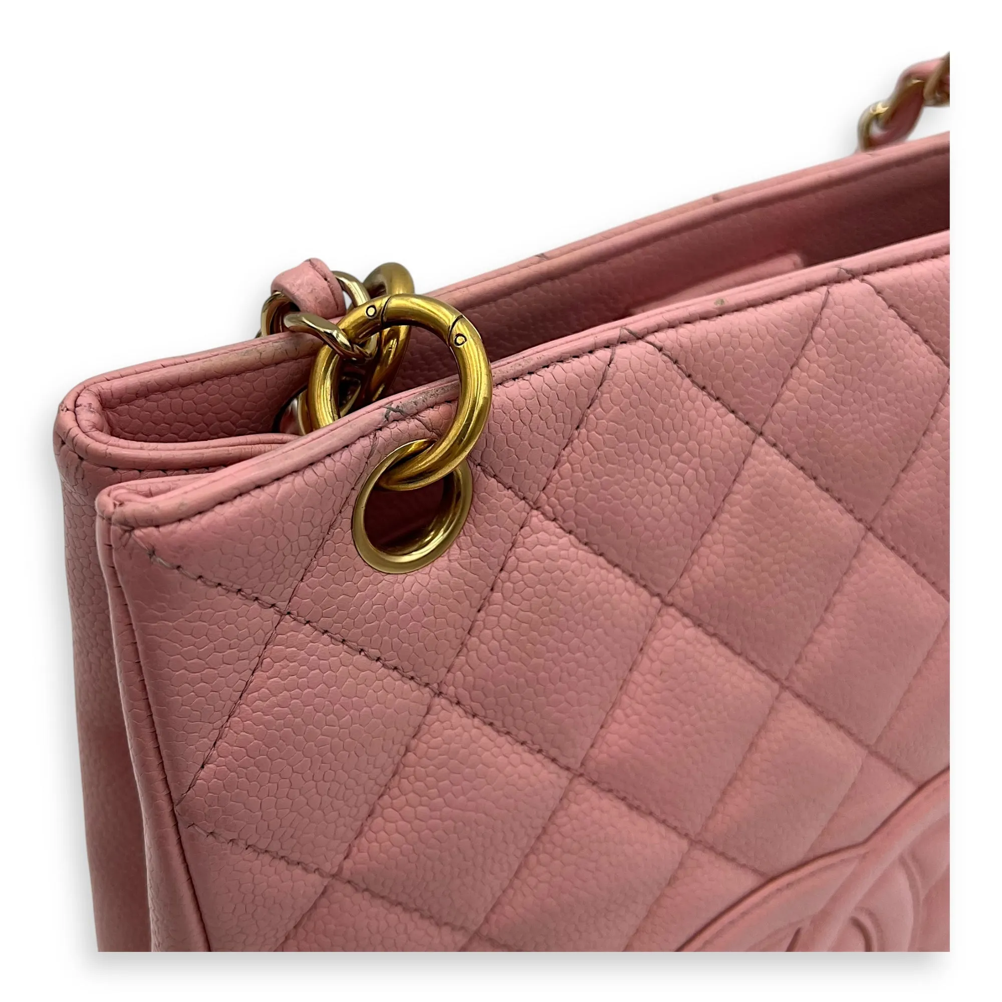 PST Petite Shopping Pink Tote Bag in Caviar Leather, Gold hardware