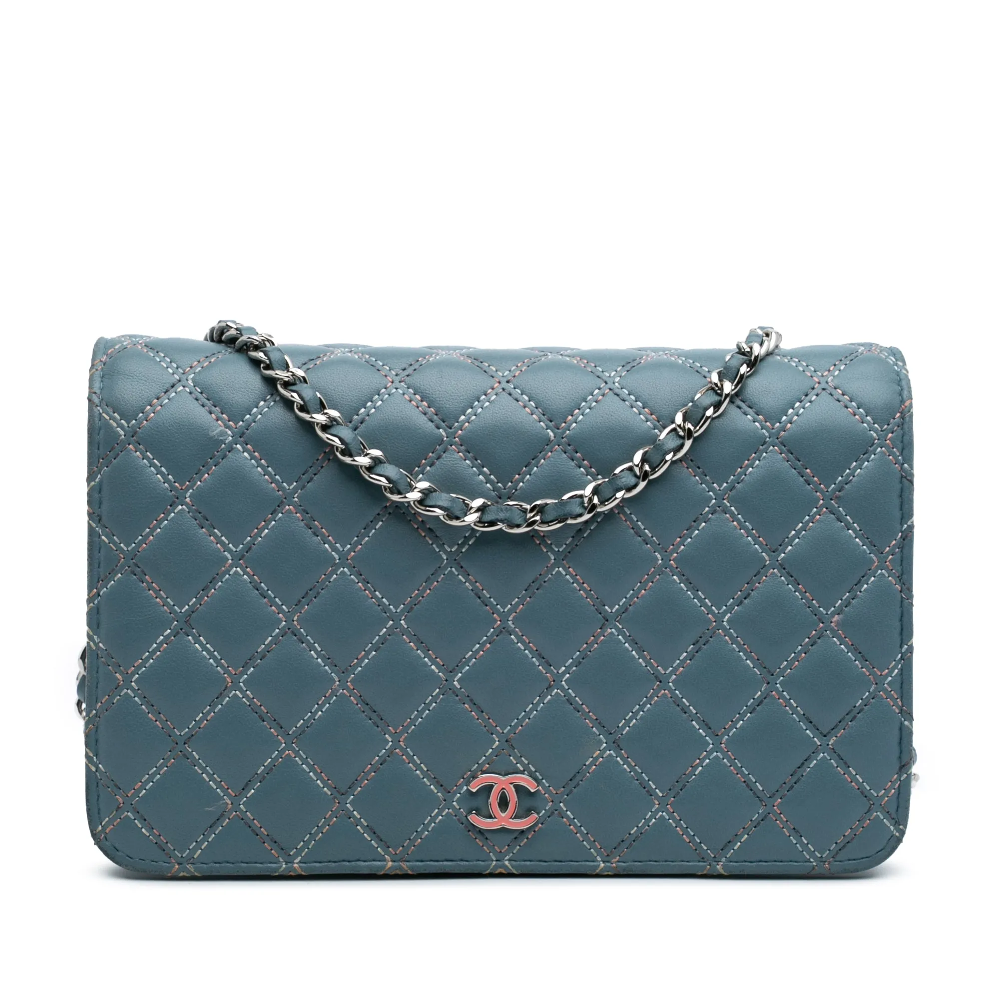 Quilted Lambskin Double Stitch Wallet On Chain