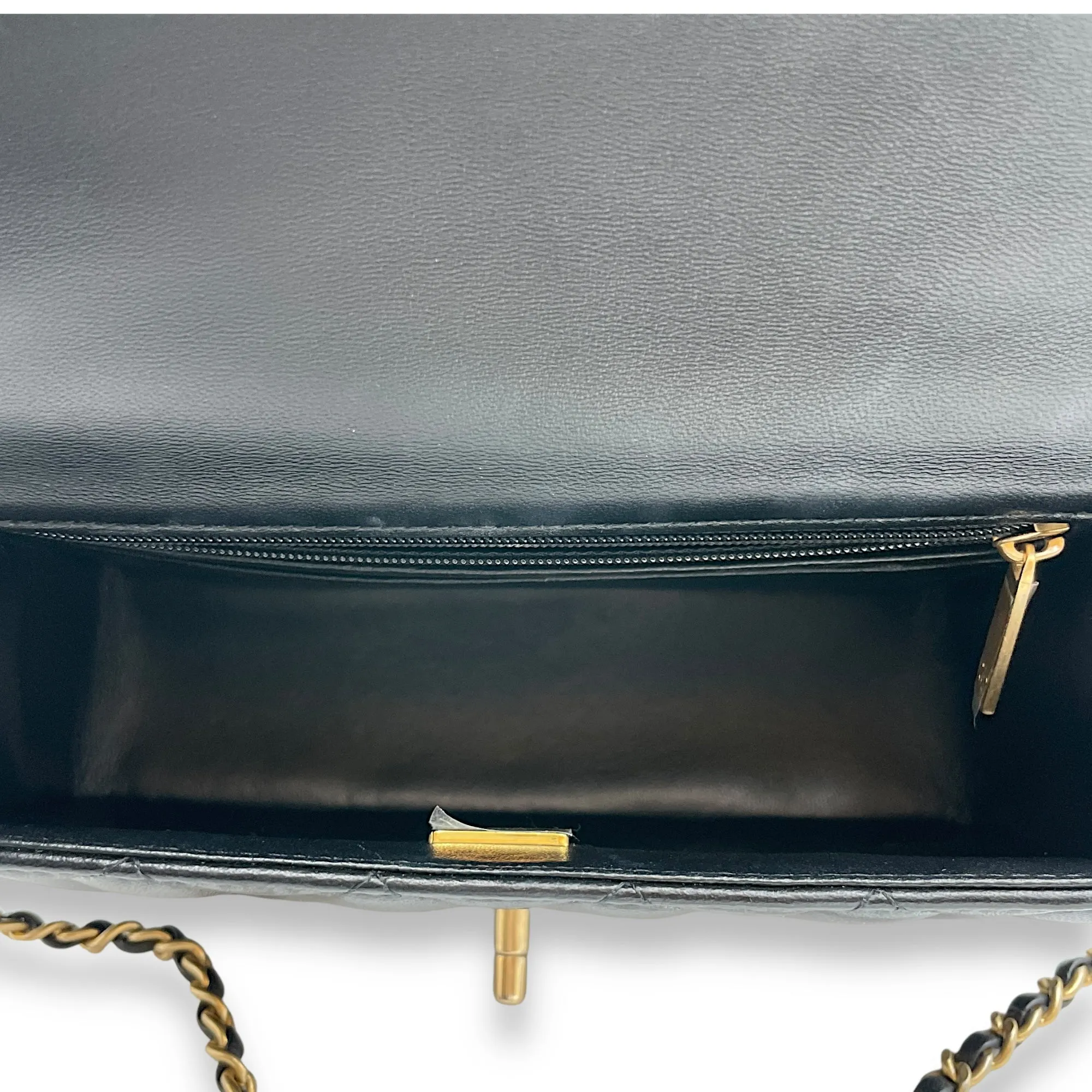 Rectangle with Metal Top Handle Mini Black Crossbody Bag in Lambskin, Gold hardware